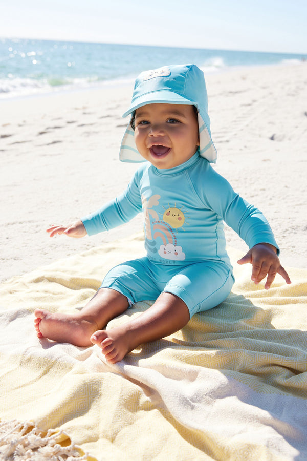 Blue Popper fastening Sunsafe Swimsuit & Hat 2 Piece Set (3mths-7yrs)