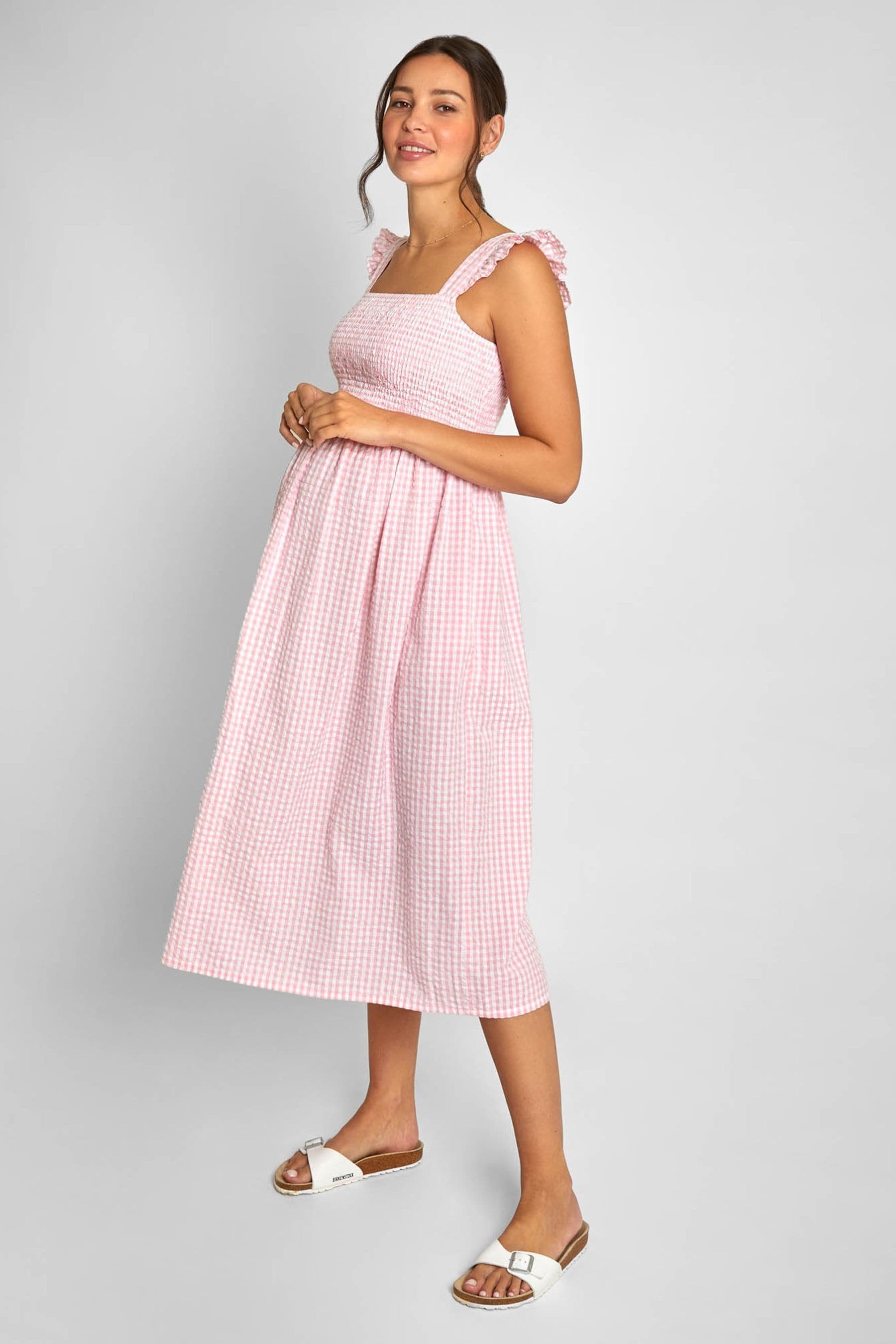 Pink JoJo Maman Bébé Gingham Shirred Maternity Midi Dress