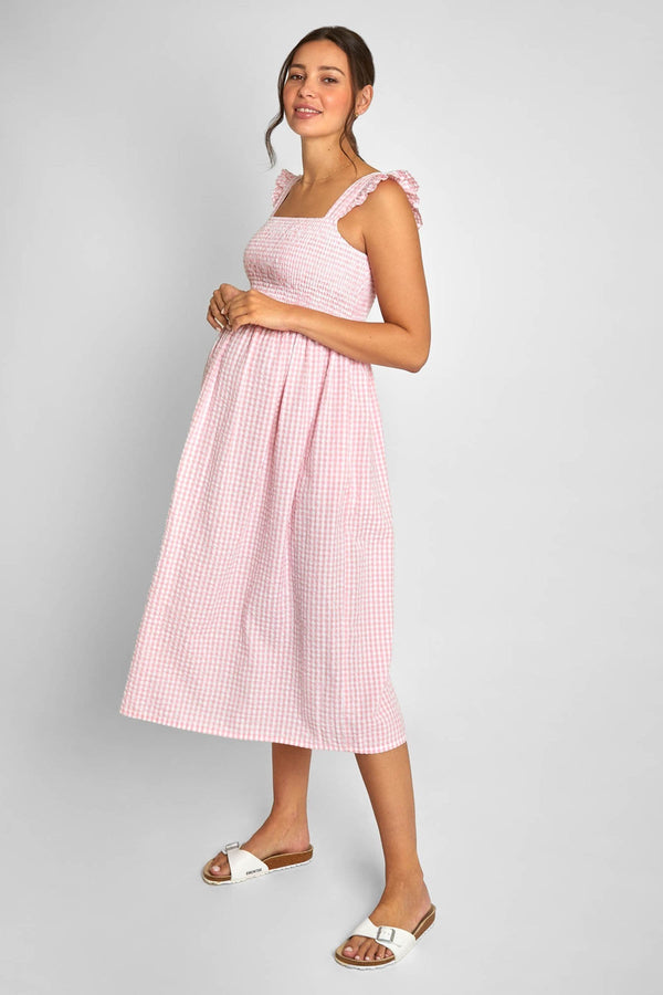 JoJo Maman B?©b?© Pink Gingham Shirred Maternity Midi Dress