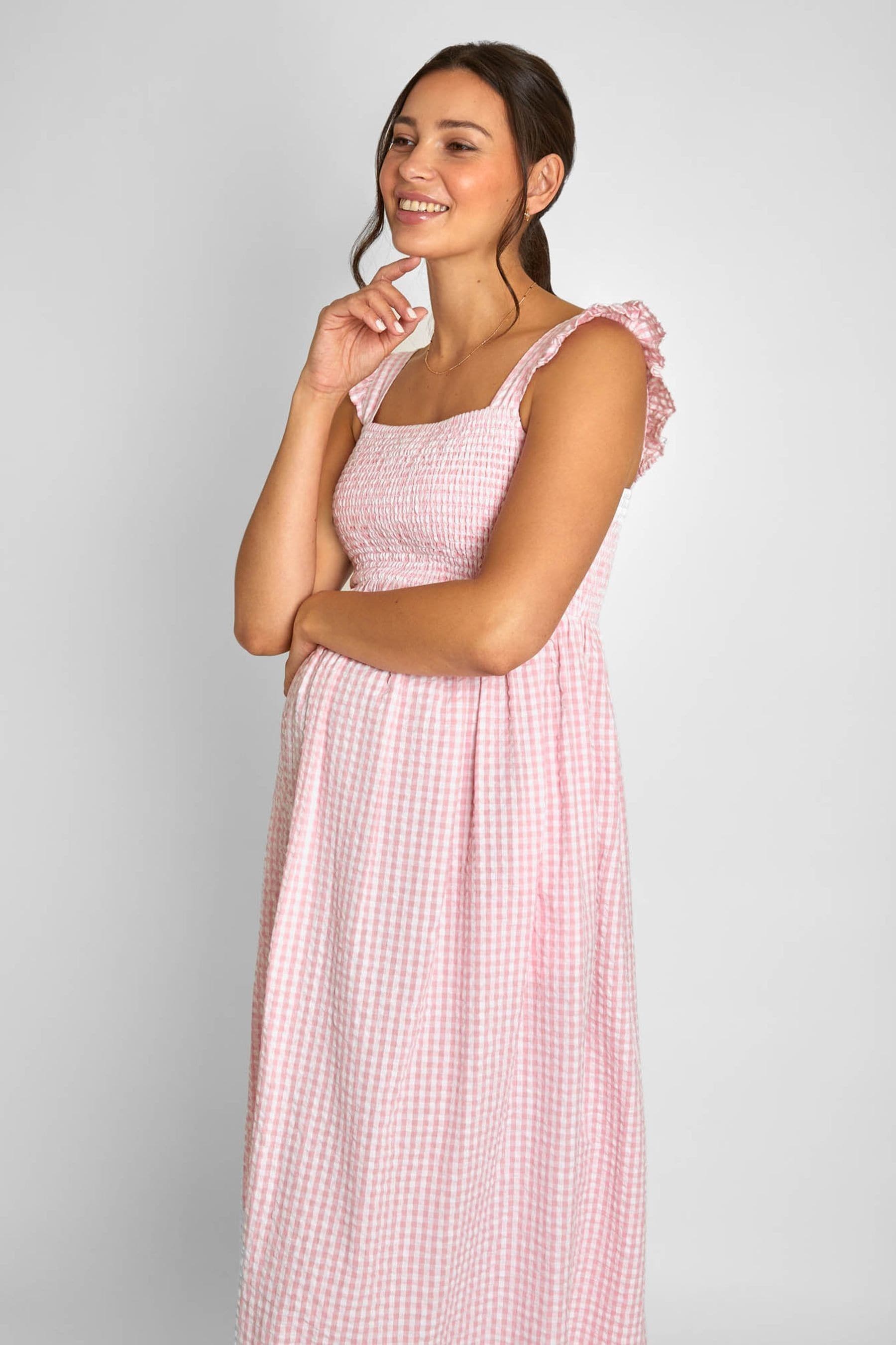 Pink JoJo Maman Bébé Gingham Shirred Maternity Midi Dress