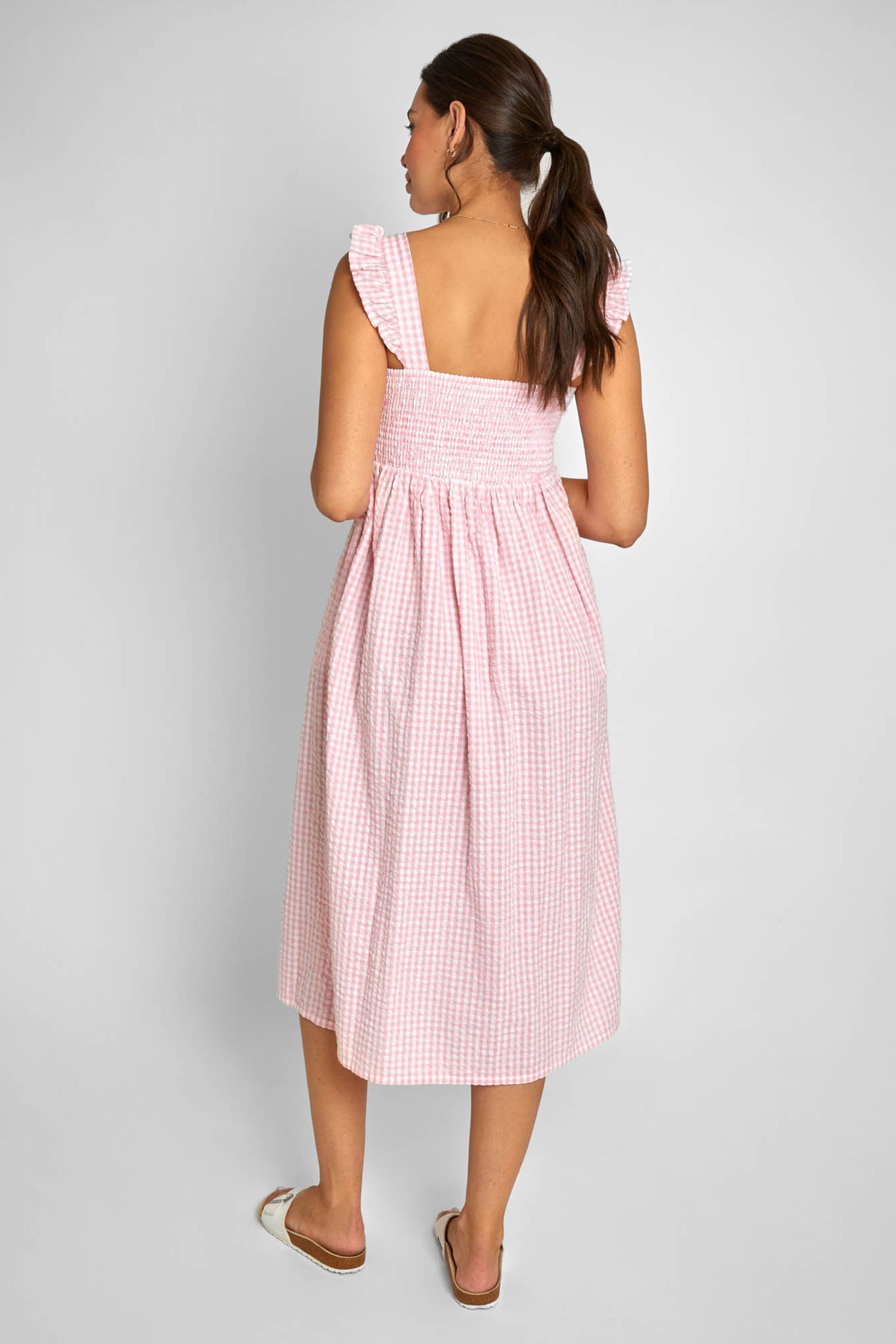 Pink JoJo Maman Bébé Gingham Shirred Maternity Midi Dress