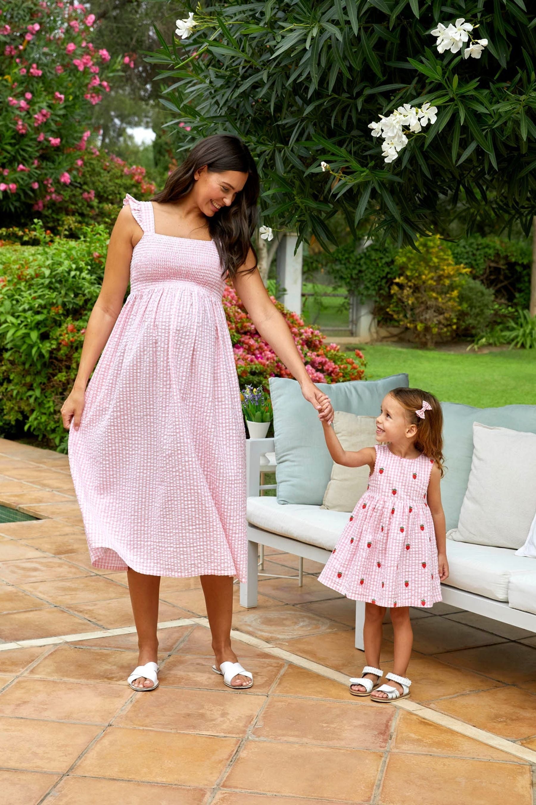 Pink JoJo Maman Bébé Gingham Shirred Maternity Midi Dress