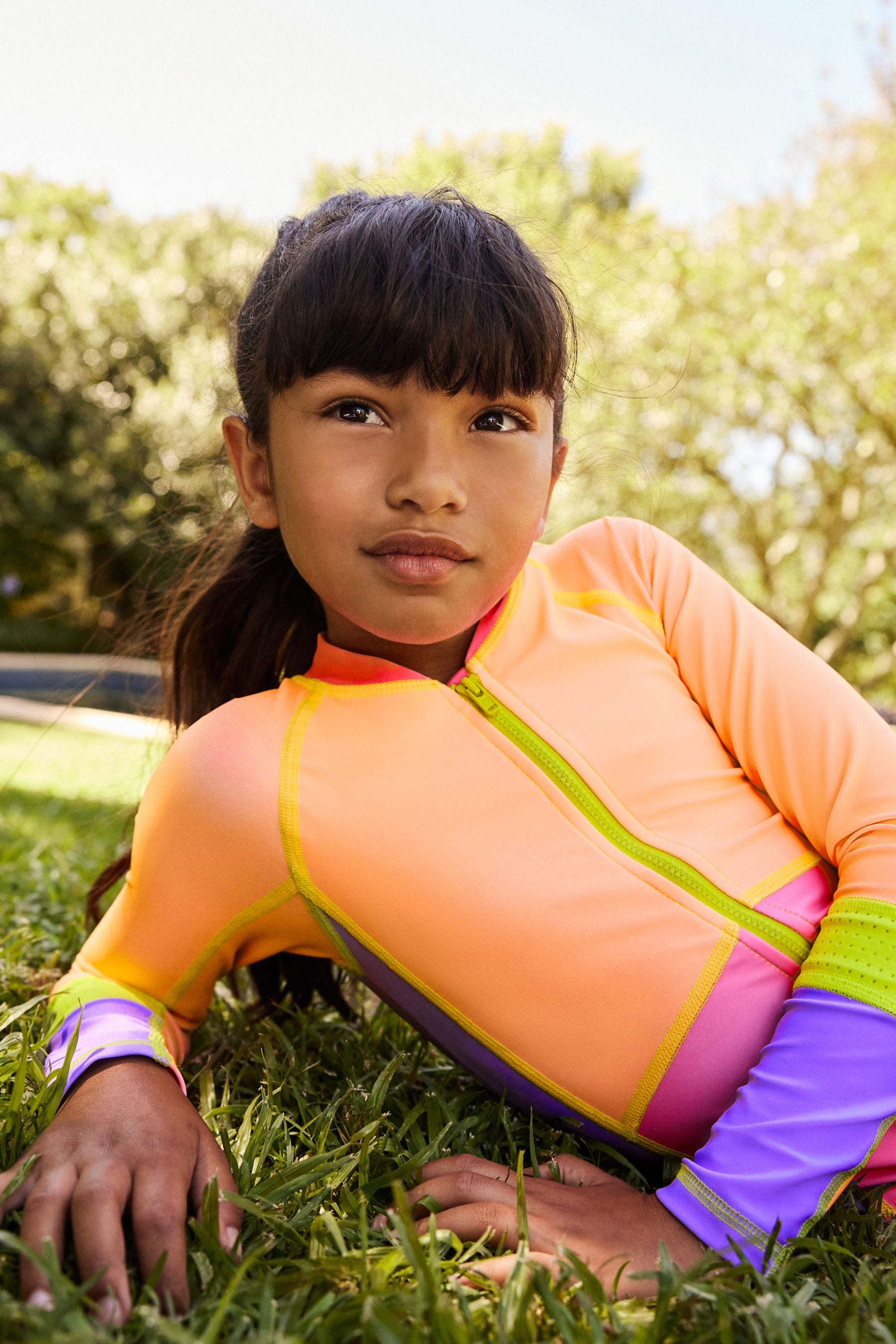 Orange/Pink Colour Block Long Sleeved Swimsuit (3-16yrs)