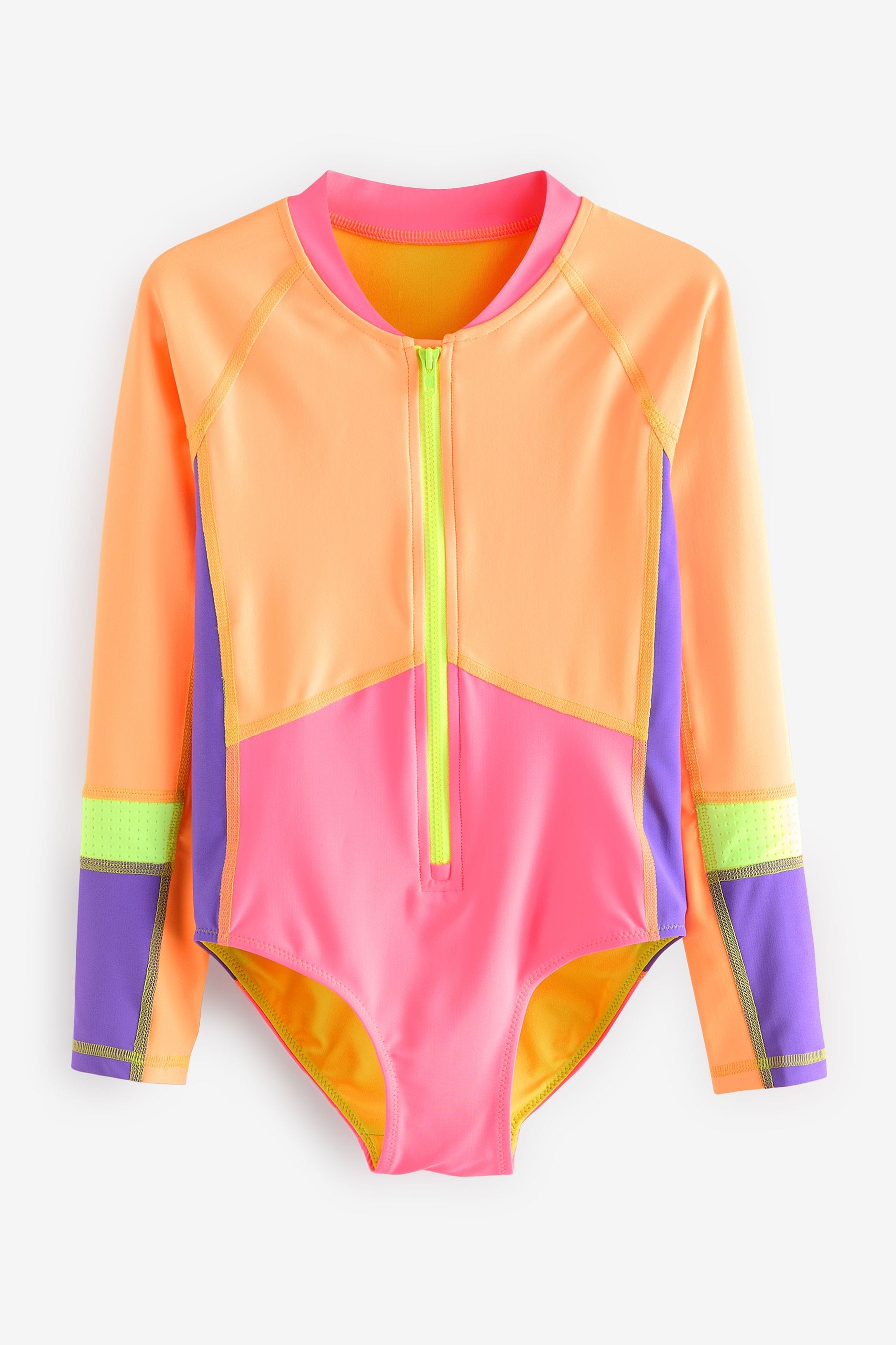 Orange/Pink Colour Block Long Sleeved Swimsuit (3-16yrs)