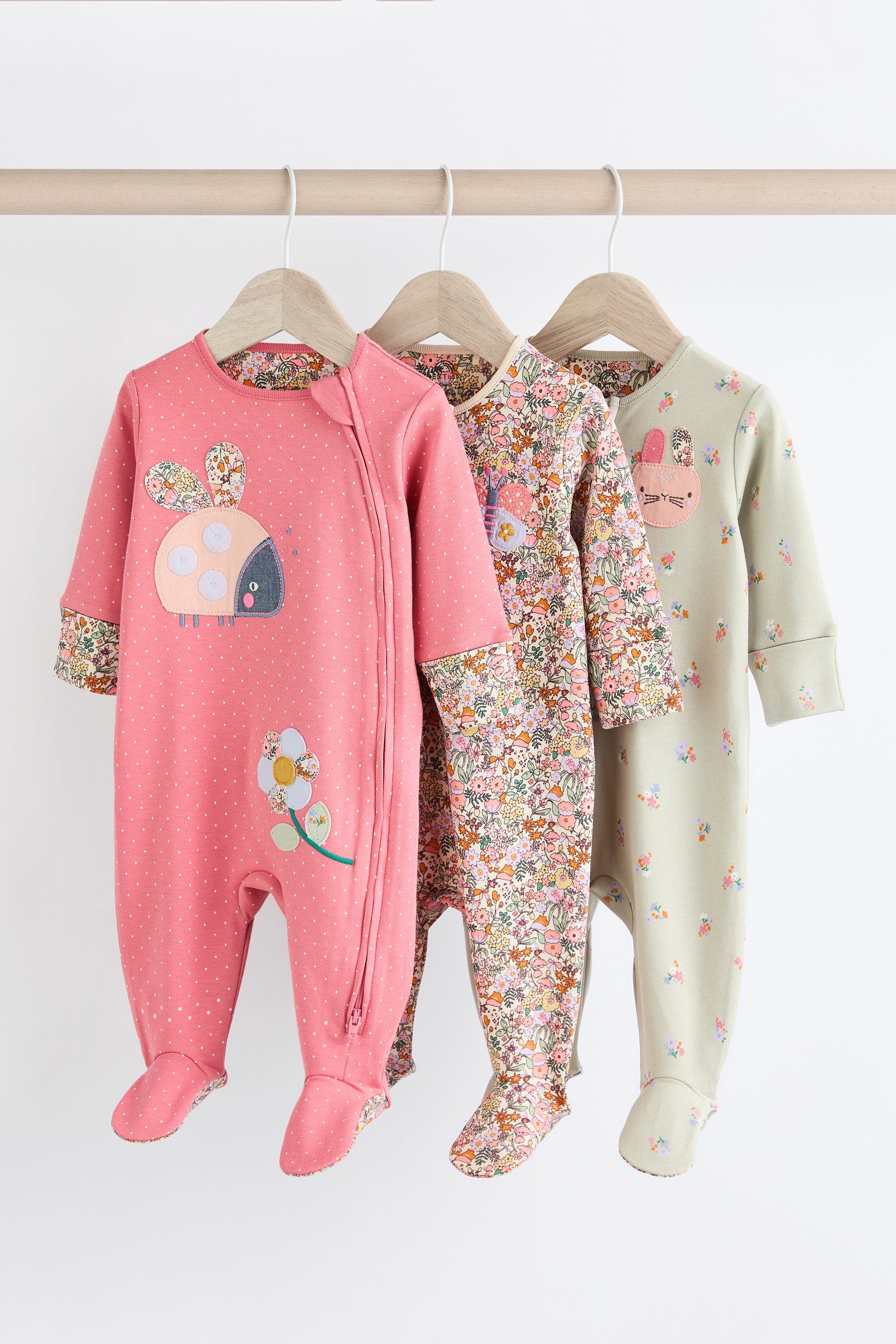 Multi Ladybird Baby Character Zip Sleepsuits 3 Pack (0mths-2yrs)