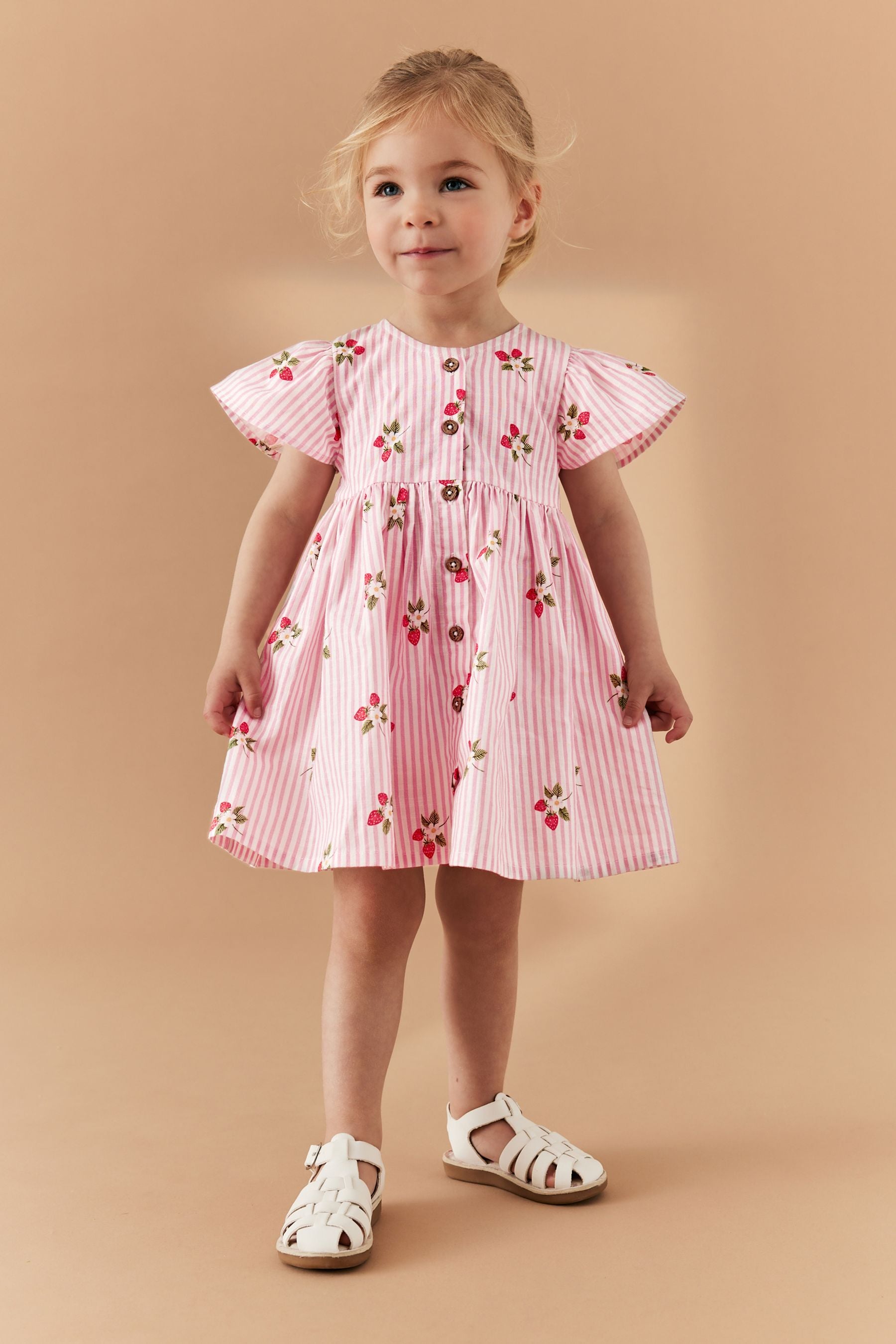 Pink Strawberry Stripe Button Up 100% Cotton Dress (3mths-8yrs)