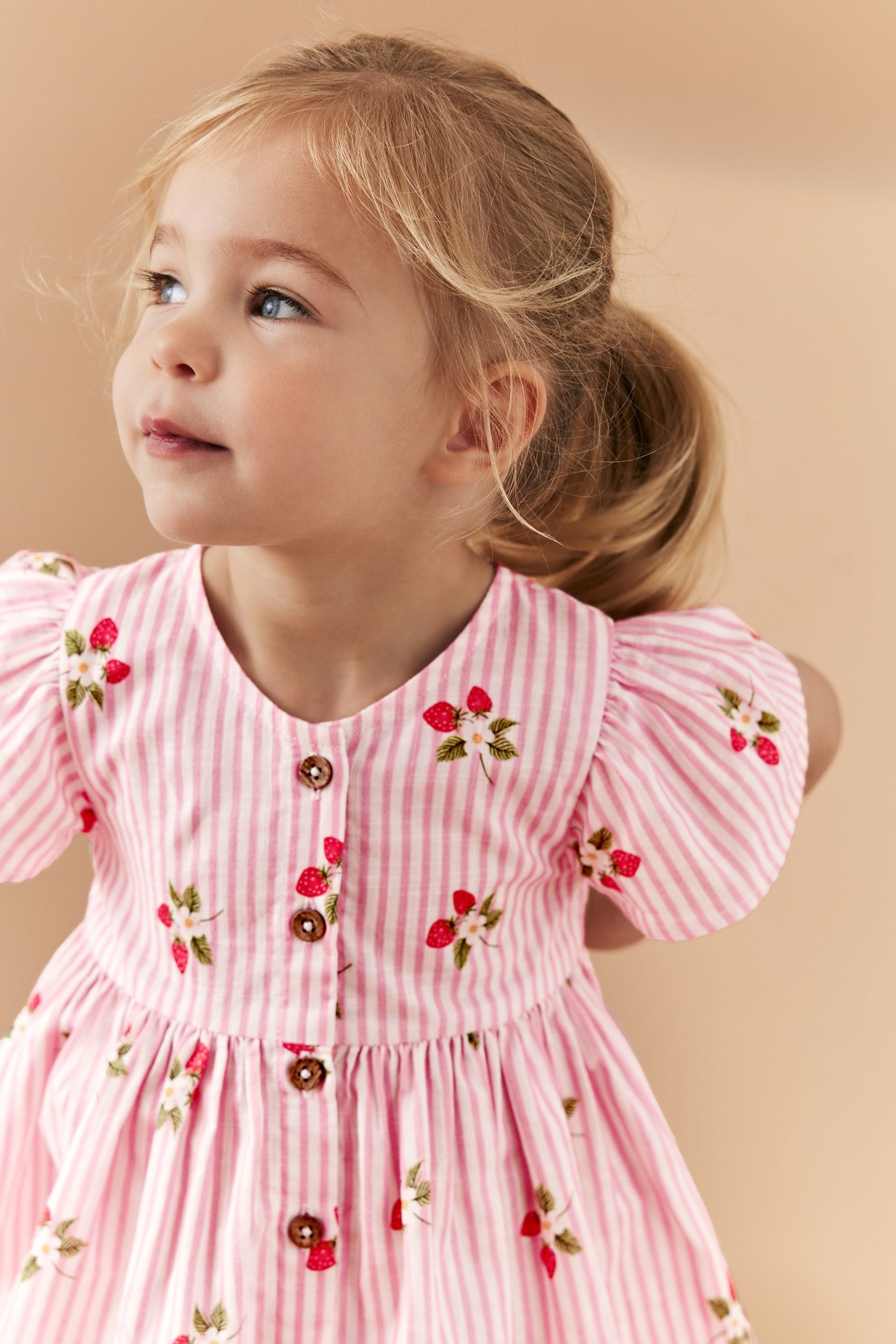 Pink Strawberry Stripe Button Up 100% Cotton Dress (3mths-8yrs)