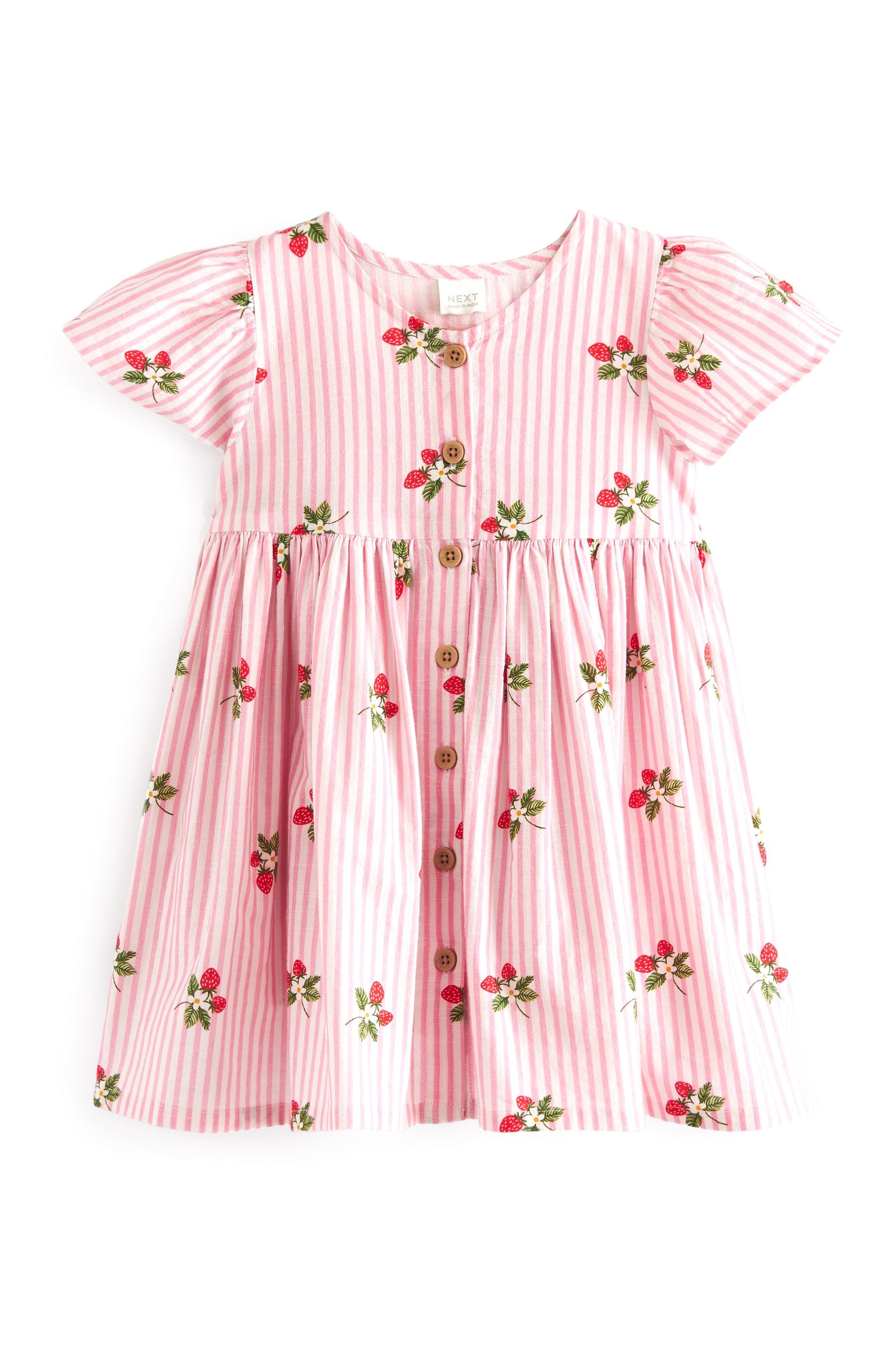 Pink Strawberry Stripe Button Up 100% Cotton Dress (3mths-8yrs)