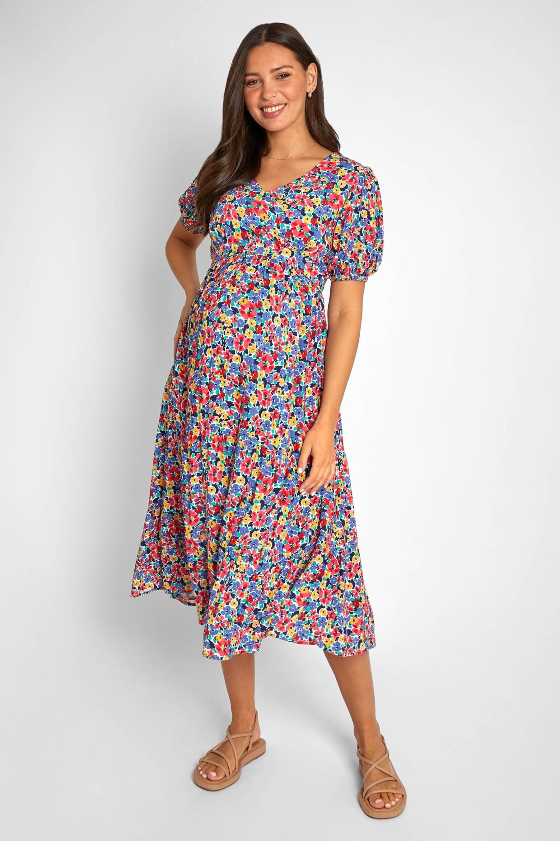 Multi Floral JoJo Maman Bébé Print Tiered Maternity and Nursing Midi Dress