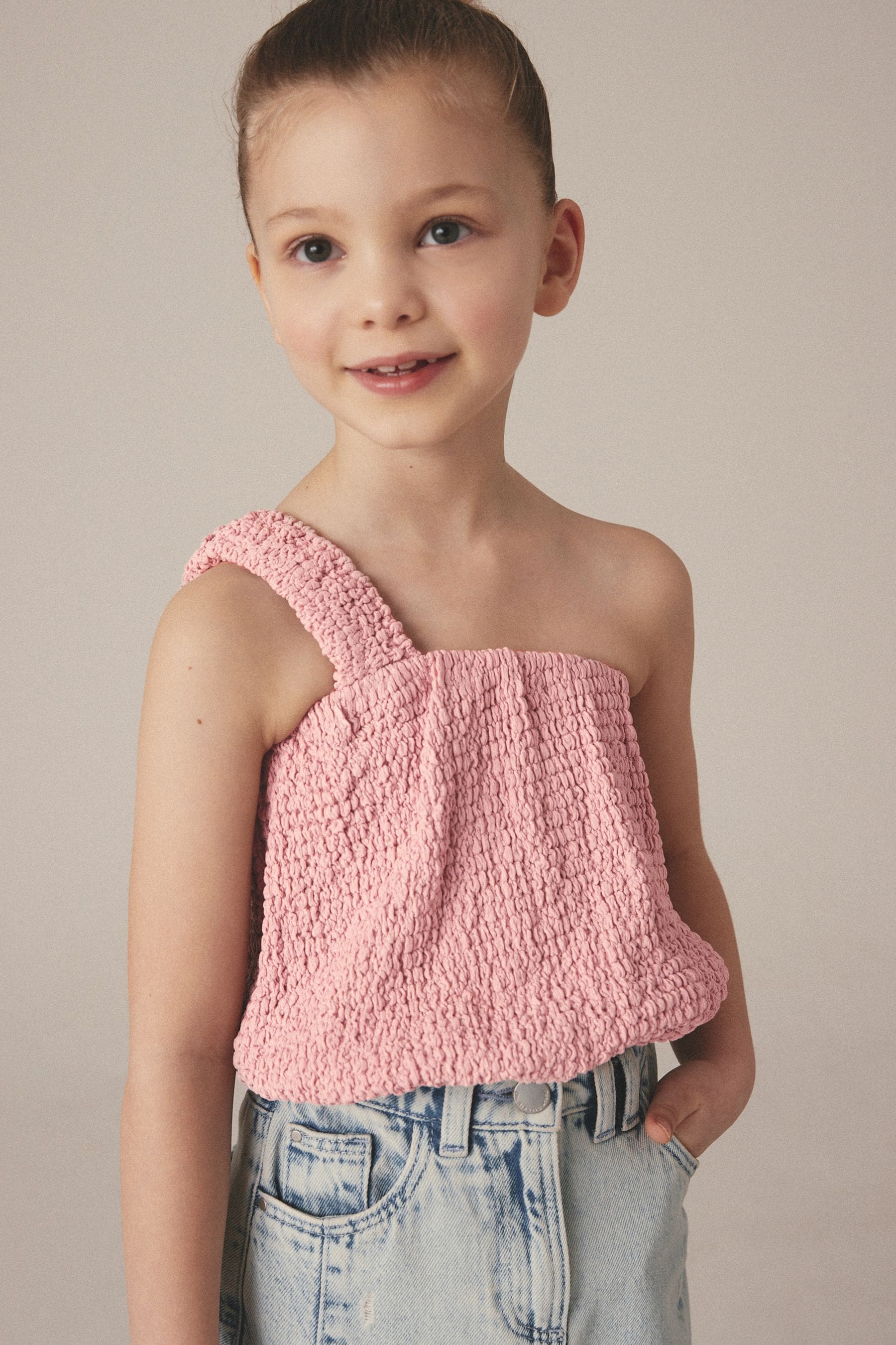 Pink One Shoulder Texture Bubble Top (3-16yrs)