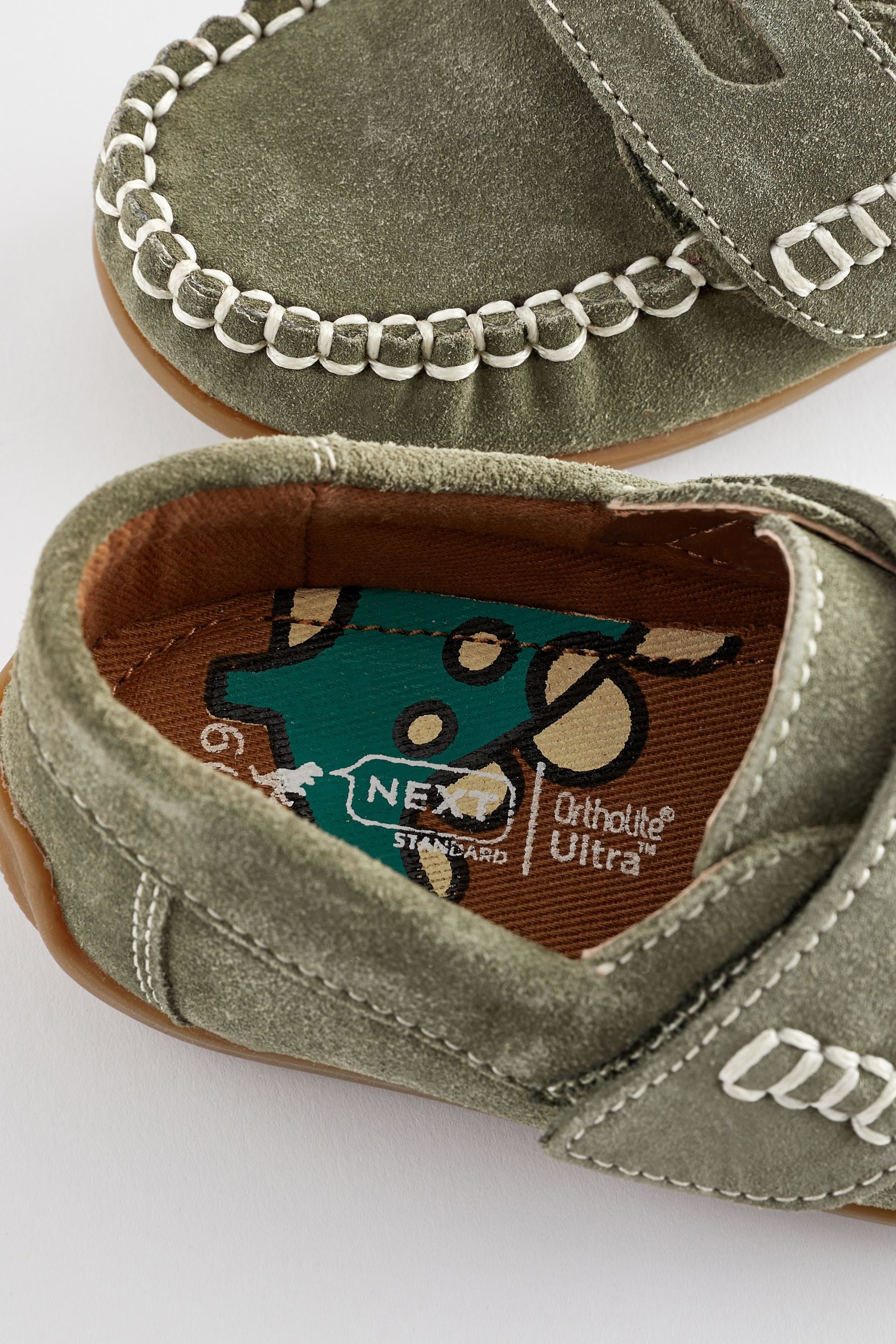 Sage Green Leather Penny Loafers with Touch and Close Fastening