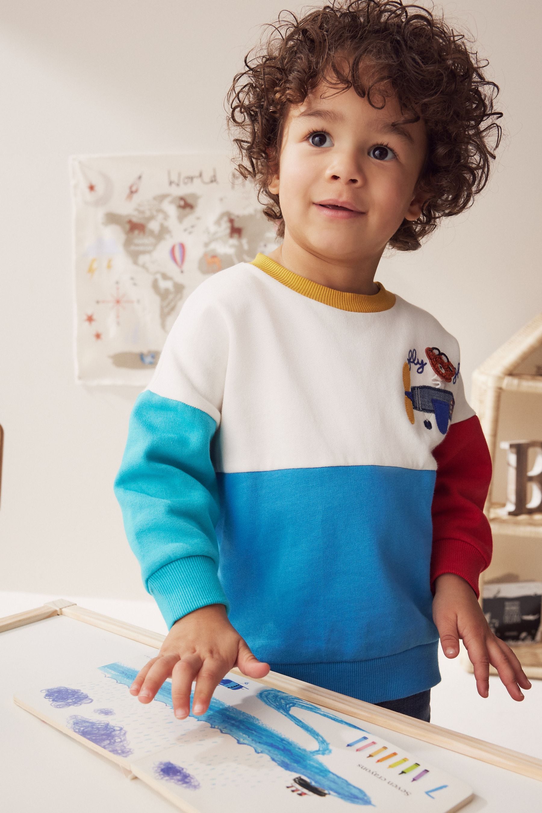 White/Blue/Red Colourblock Character Crew Neck 100% Cotton Sweatshirt (3mths-7yrs)