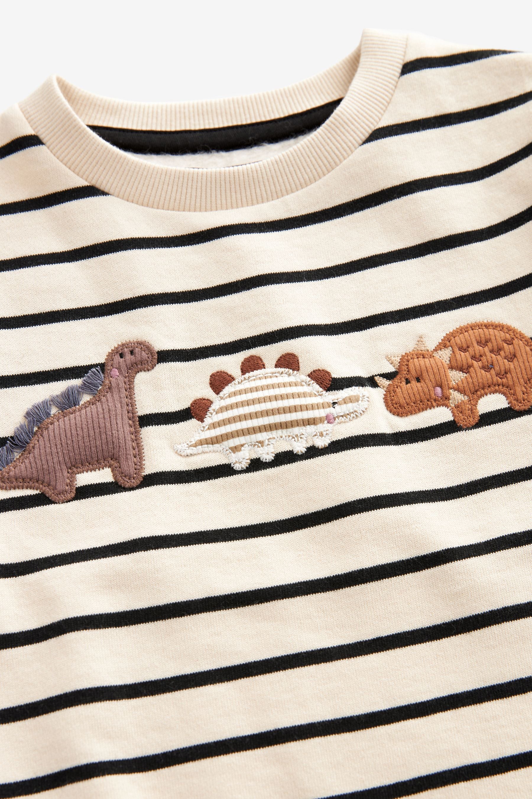 Ecru Cream Stripe Dinosaur Embroidered Crew Neck 100% Cotton Sweatshirt (3mths-7yrs)