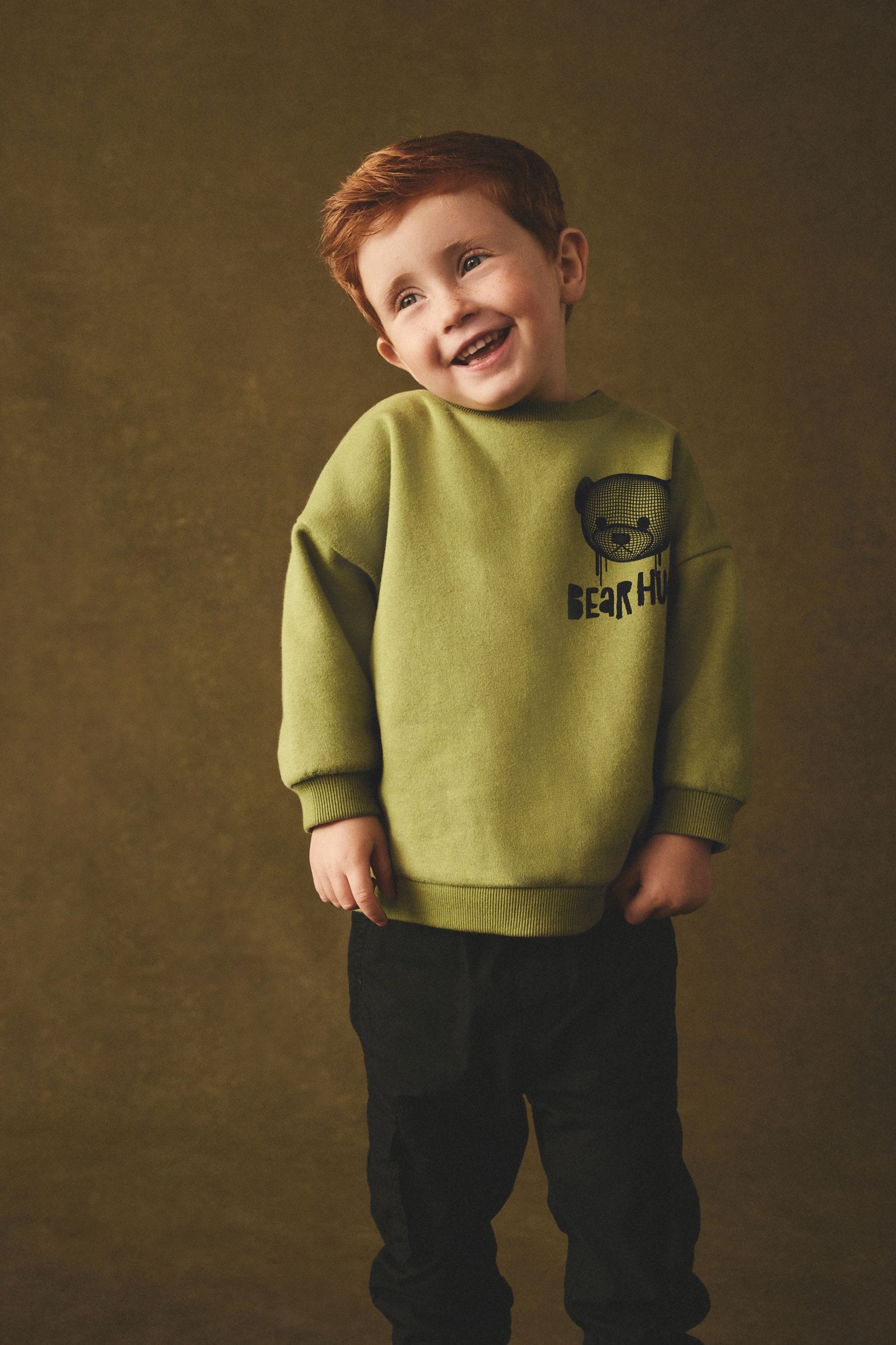 Khaki Green Bear Placement Backprint Crew Neck Sweatshirt (3mths-7yrs)