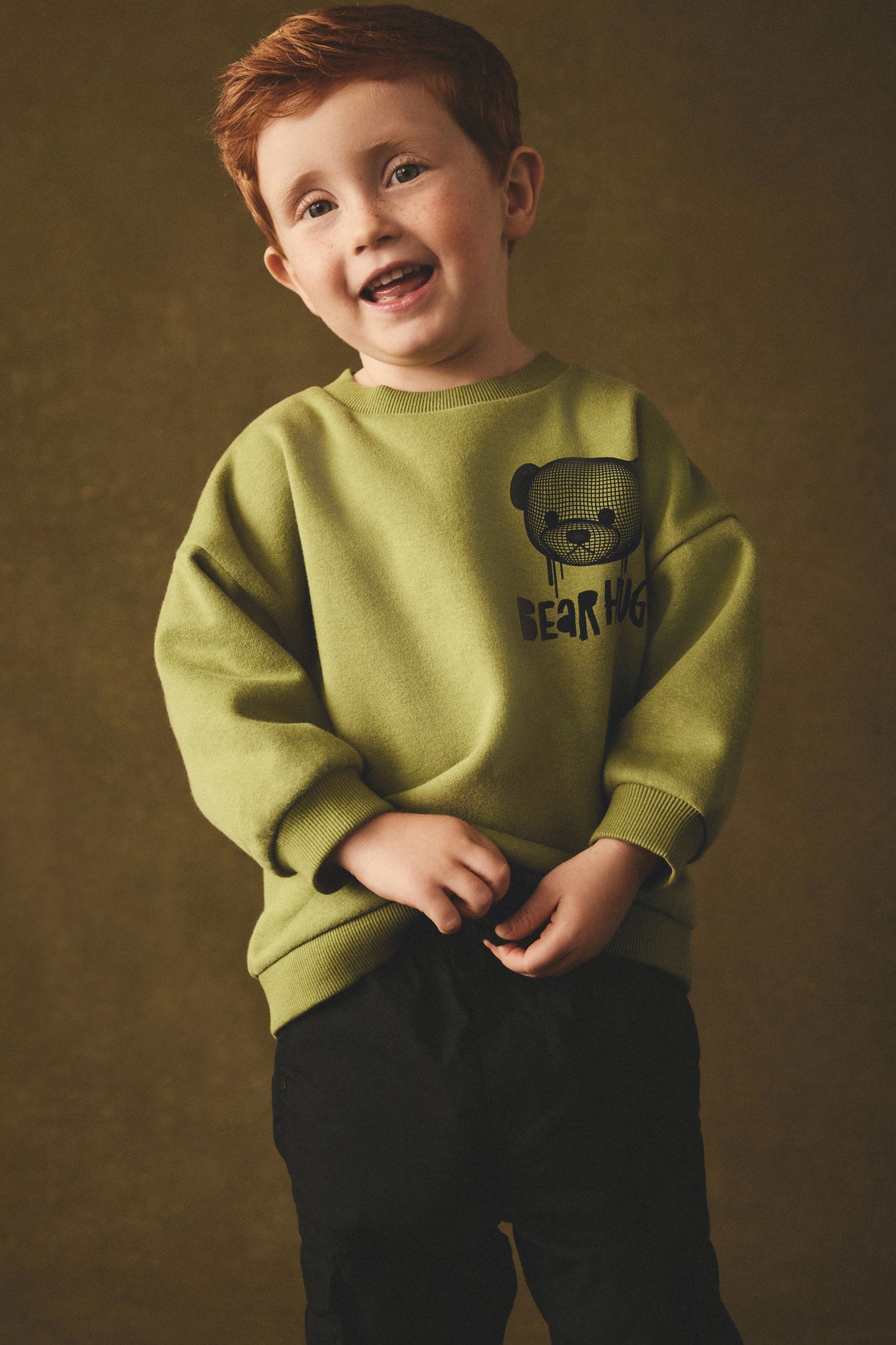 Khaki Green Bear Placement Backprint Crew Neck Sweatshirt (3mths-7yrs)