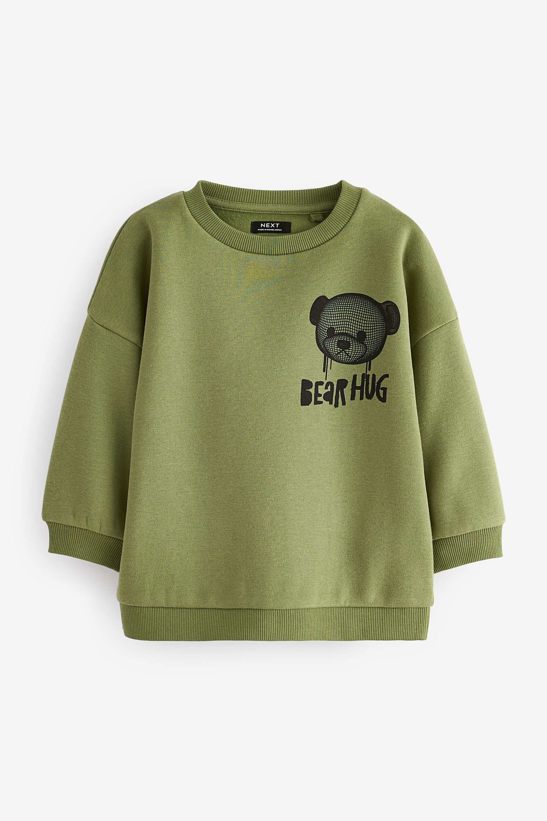 Khaki Green Bear Placement Backprint Crew Neck Sweatshirt (3mths-7yrs)