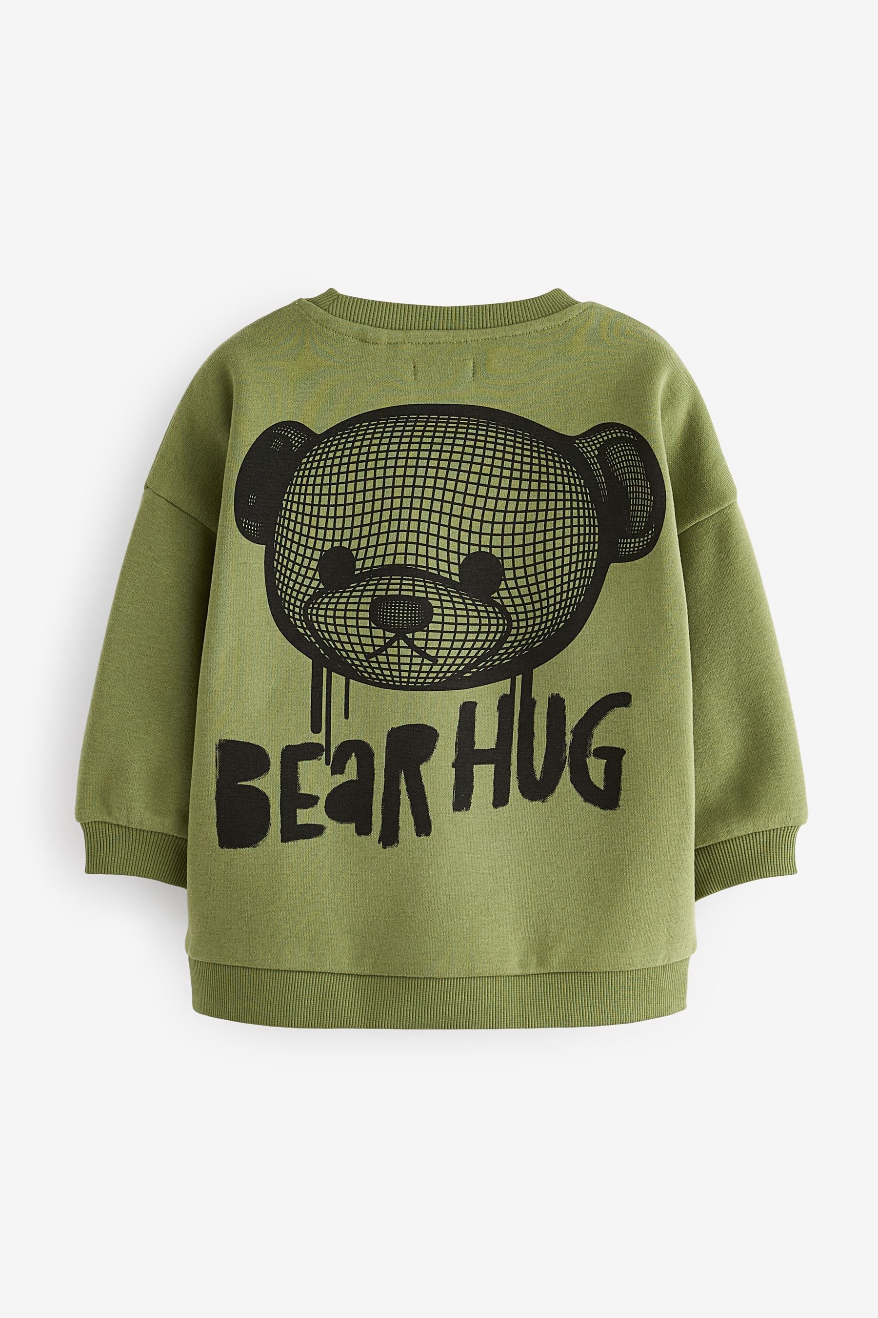 Khaki Green Bear Placement Backprint Crew Neck Sweatshirt (3mths-7yrs)