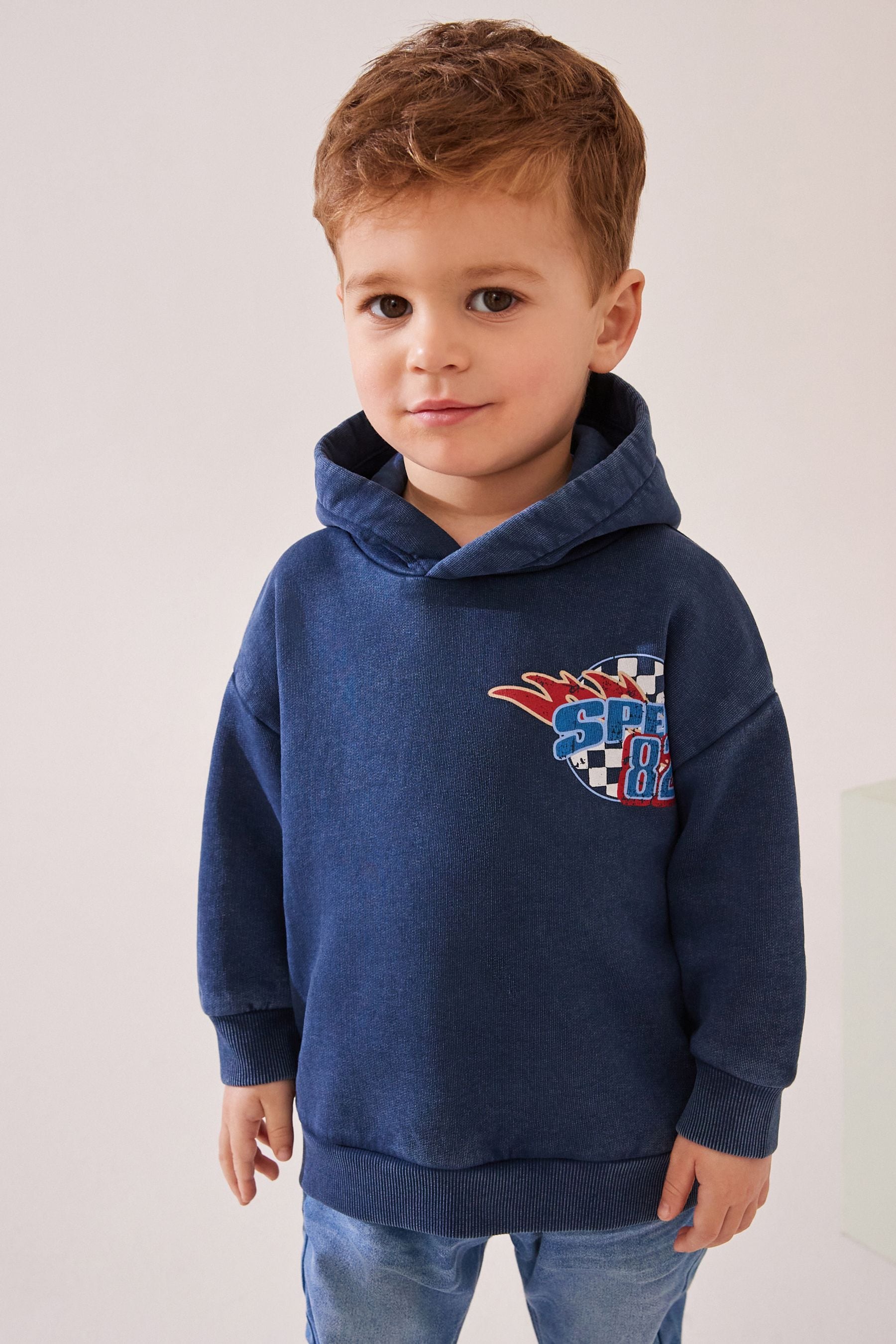 Navy Car 100% Cotton Acid Wash Motorsport Hoodie (3mths-7yrs)