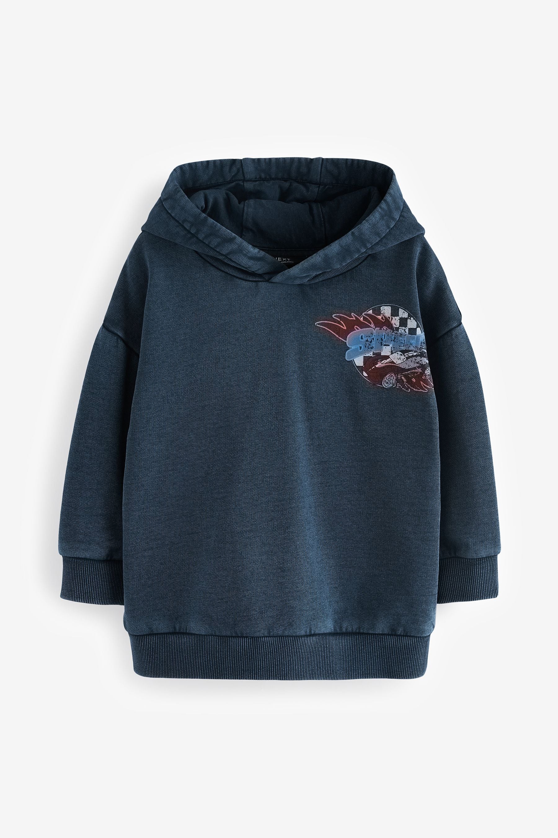 Navy Car 100% Cotton Acid Wash Motorsport Hoodie (3mths-7yrs)