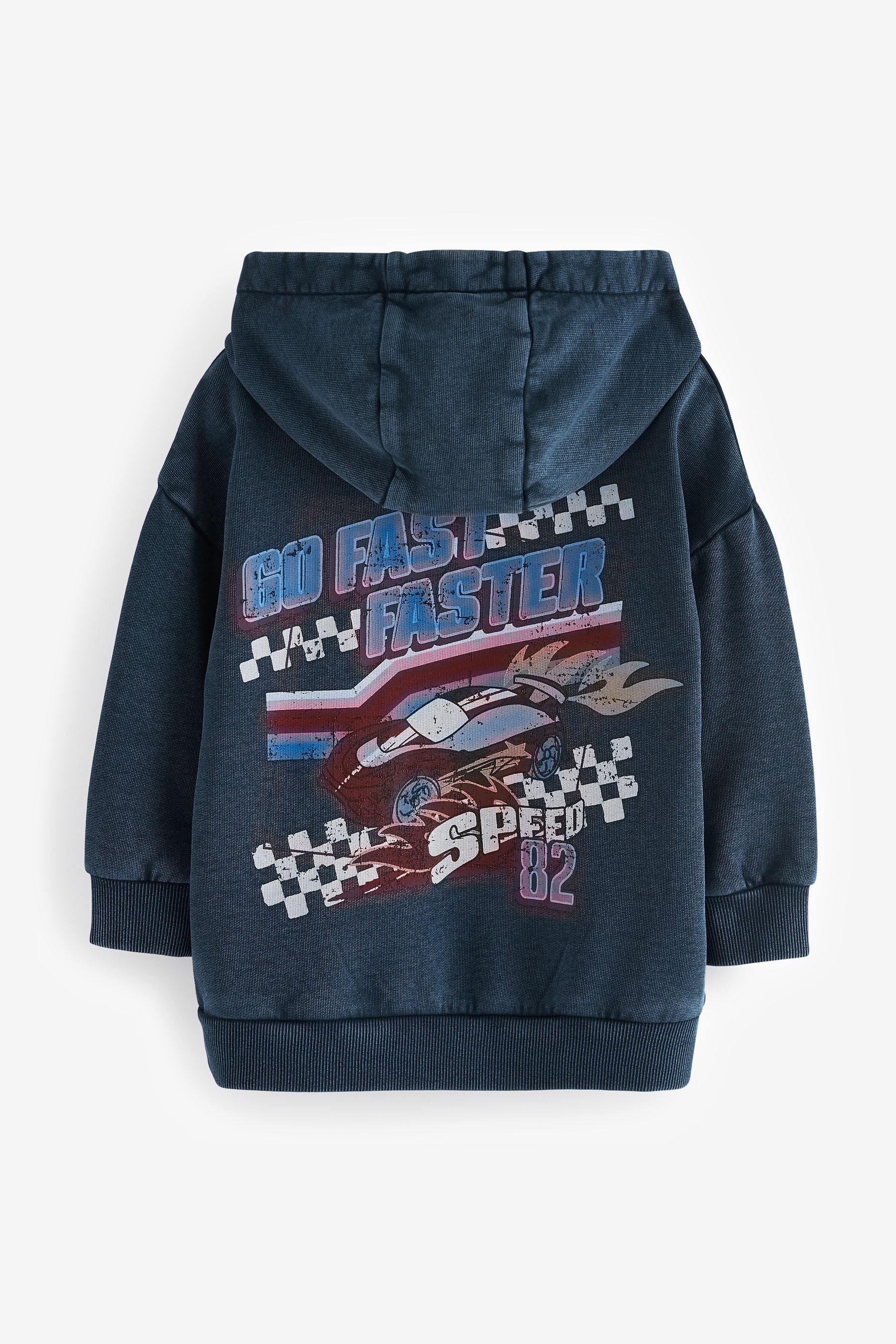 Navy Car 100% Cotton Acid Wash Motorsport Hoodie (3mths-7yrs)