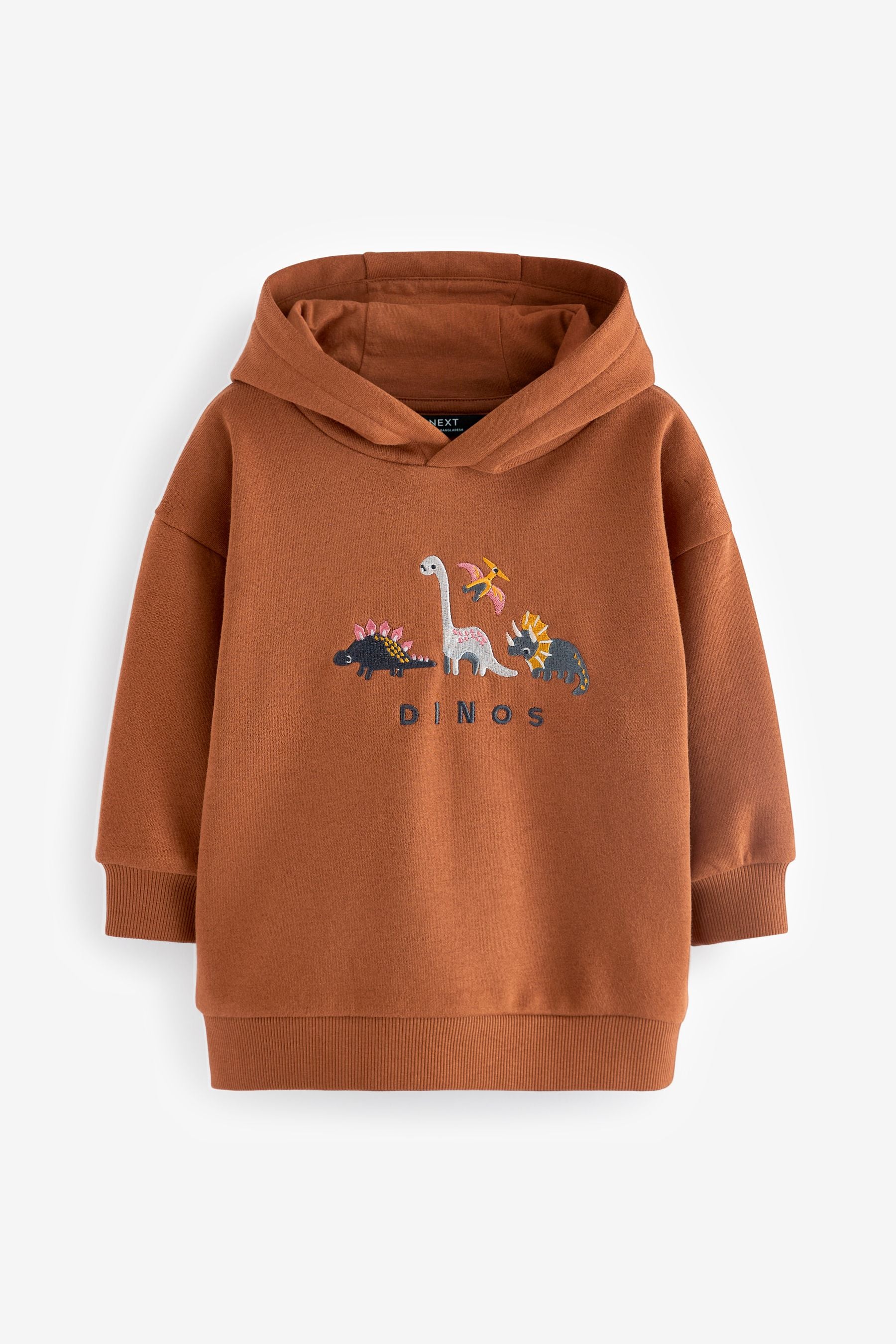 Rust Brown Dinosaur Embroidered Placement Hoodie (3mths-7yrs)