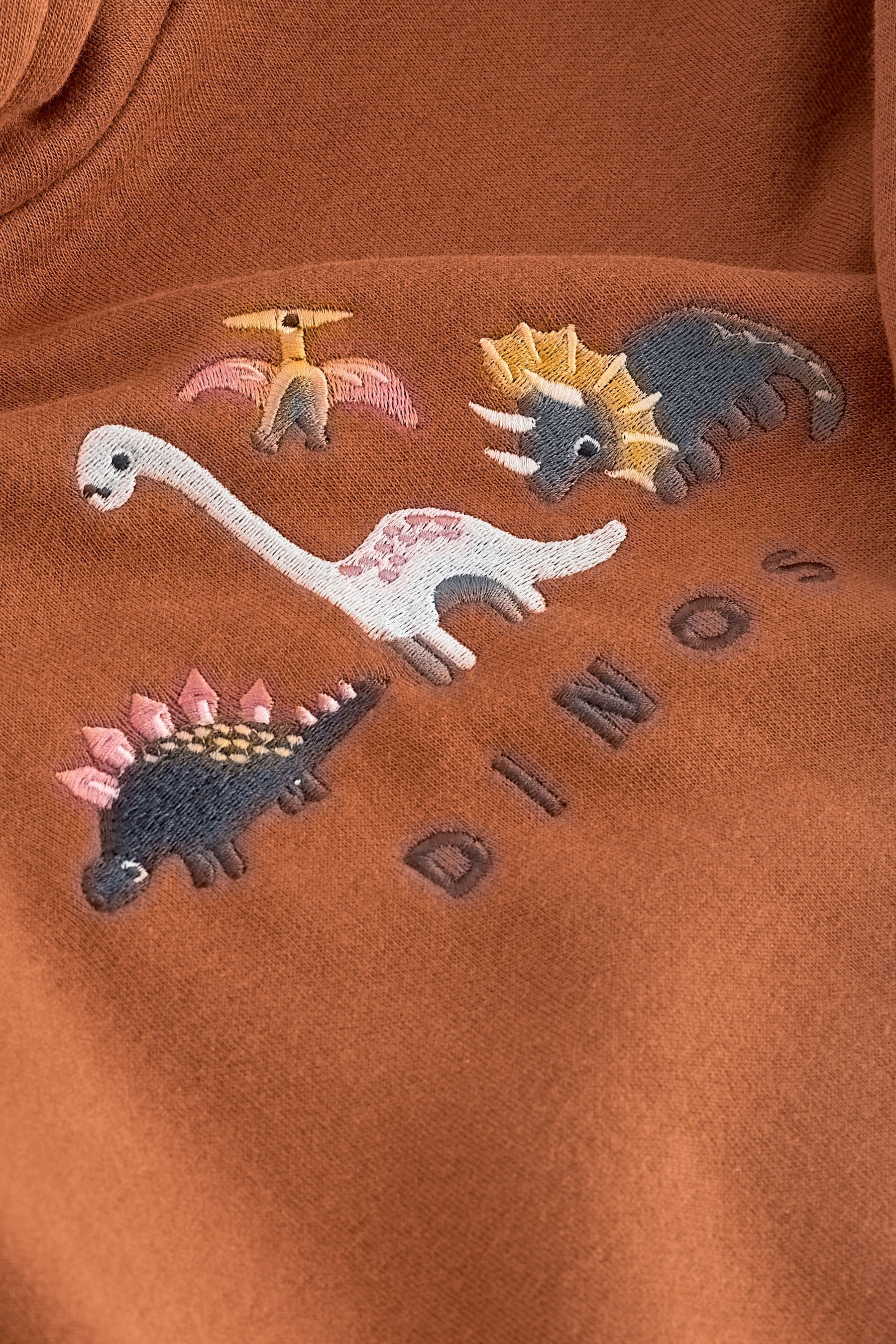 Rust Brown Dinosaur Embroidered Placement Hoodie (3mths-7yrs)