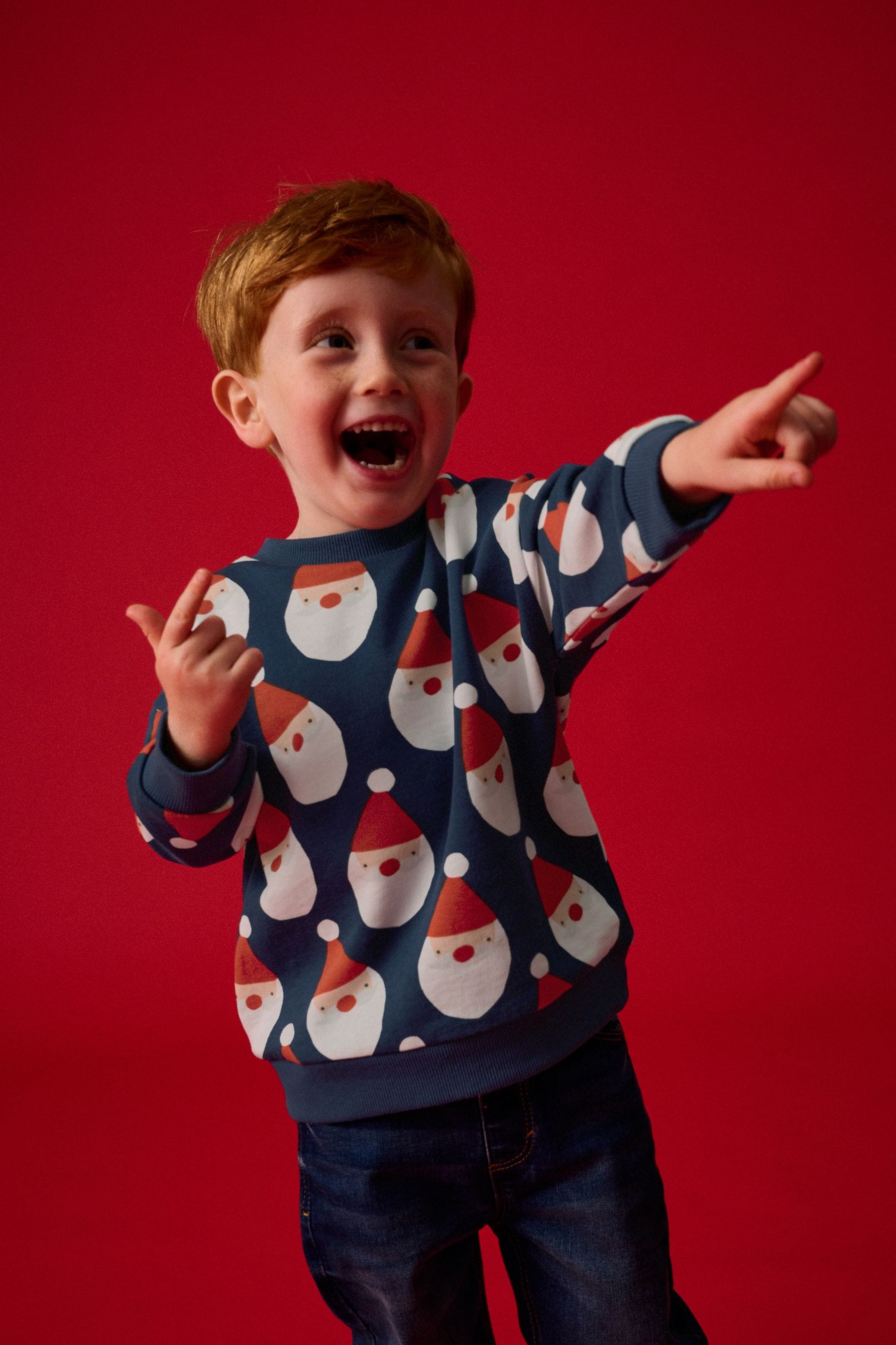 Navy Blue Santa All Over Print Christmas Crew Neck 100% Cotton Sweatshirt (3mths-7yrs)