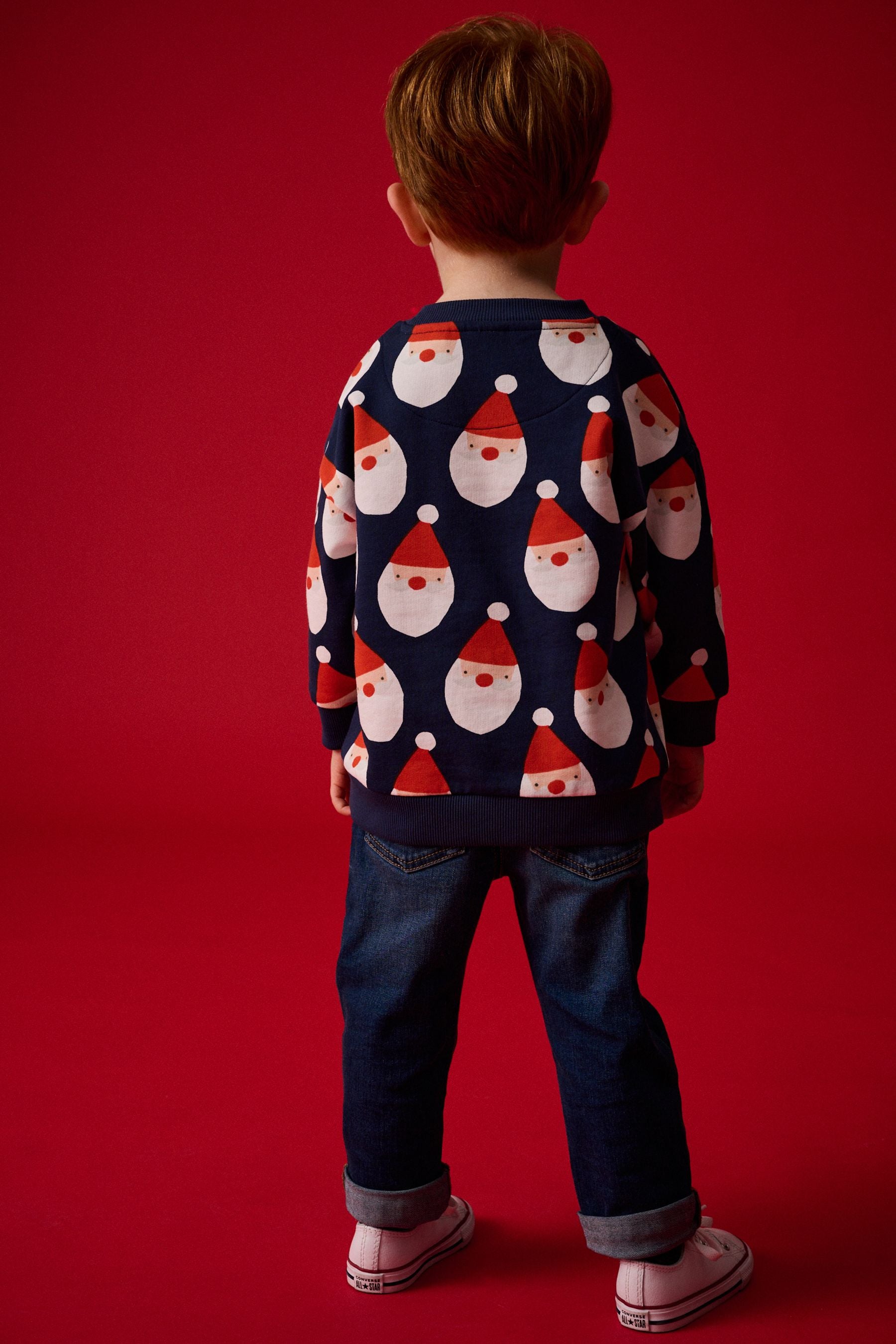 Navy Blue Santa All Over Print Christmas Crew Neck 100% Cotton Sweatshirt (3mths-7yrs)