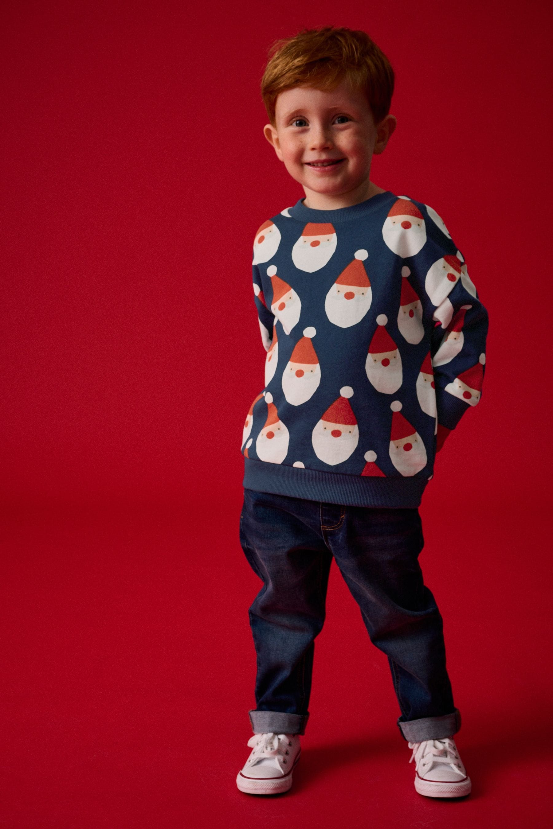 Navy Blue Santa All Over Print Christmas Crew Neck 100% Cotton Sweatshirt (3mths-7yrs)