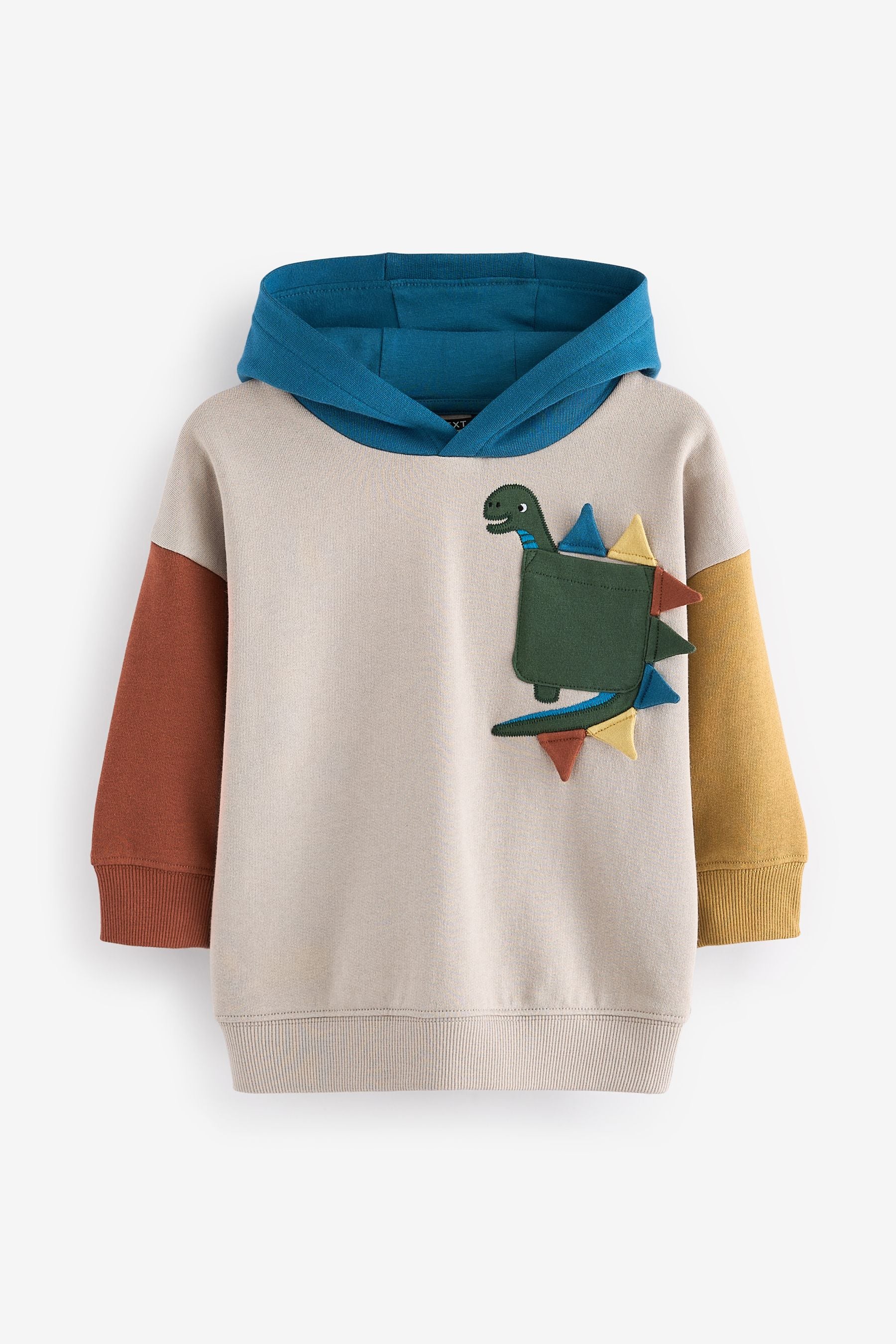 Stone/Green/Blue Dinosaur Colourblock Character Hoodie (3mths-7yrs)