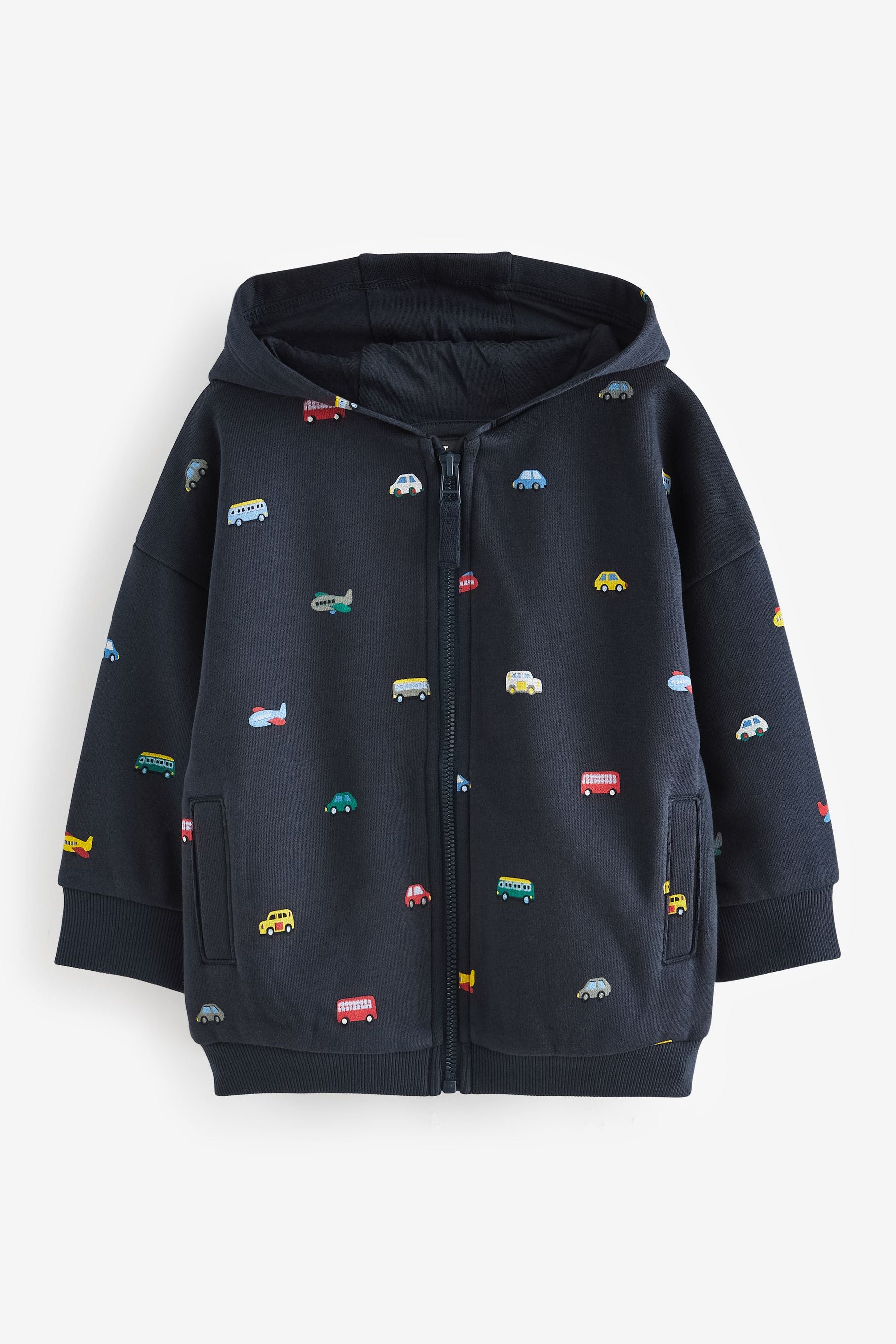 Navy Transport All-Over Print Jersey Zip Through Hoodie (3mths-7yrs)