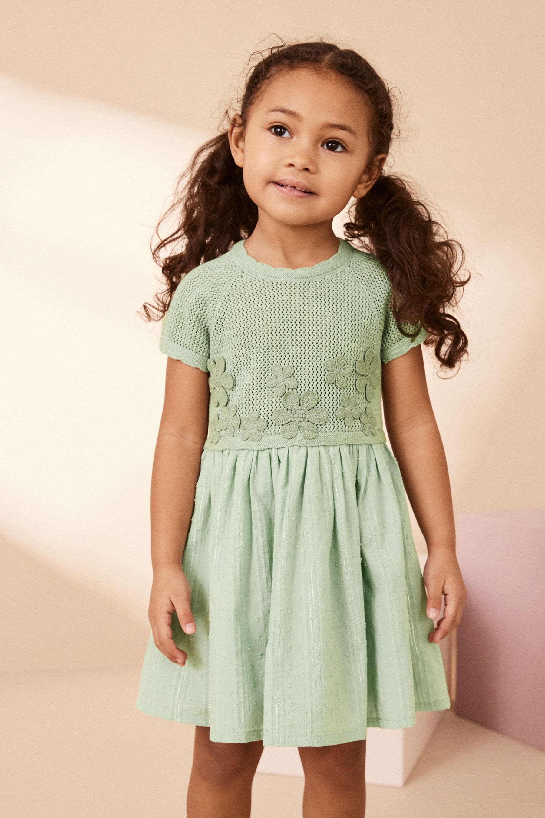 Mint Green Flower Knit 2fer Dress (3mths-7yrs)