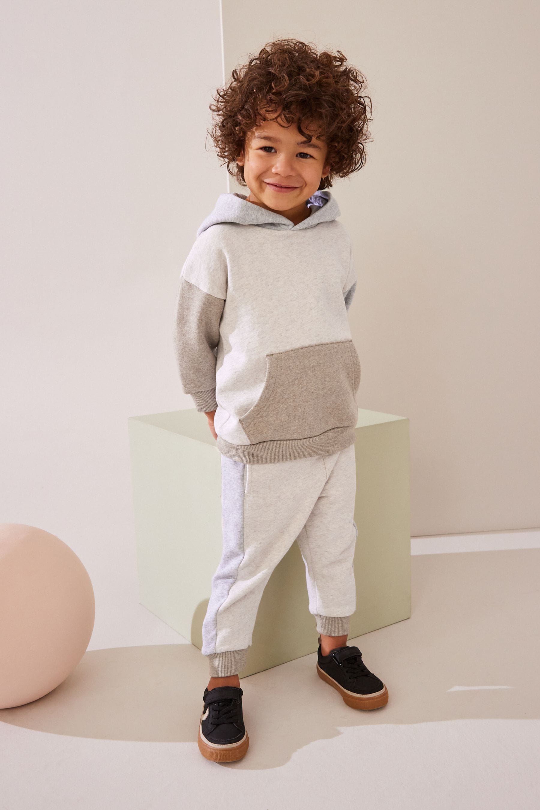 Grey/Ecru Cream Colourblock Hoodie and Joggers Set (3mths-7yrs)