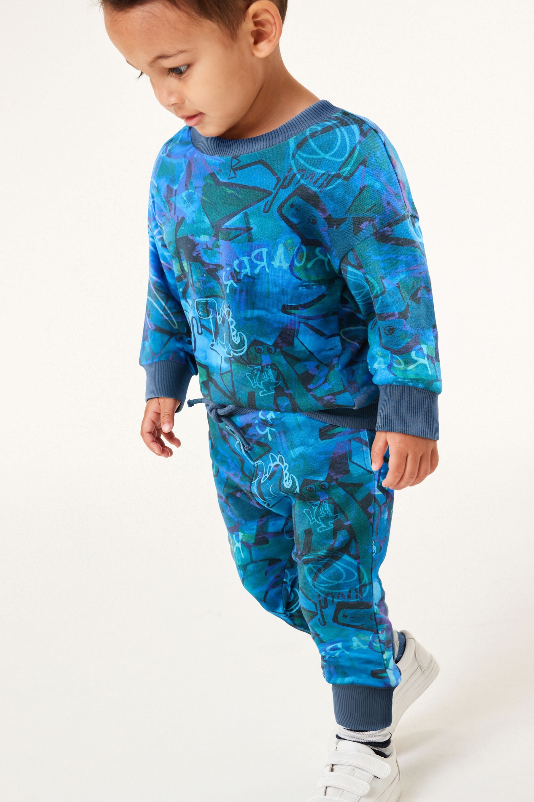 Blue Graffiti All-Over Print Crew Neck 100% Cotton Sweatshirt and Joggers Set (3mths-7yrs)