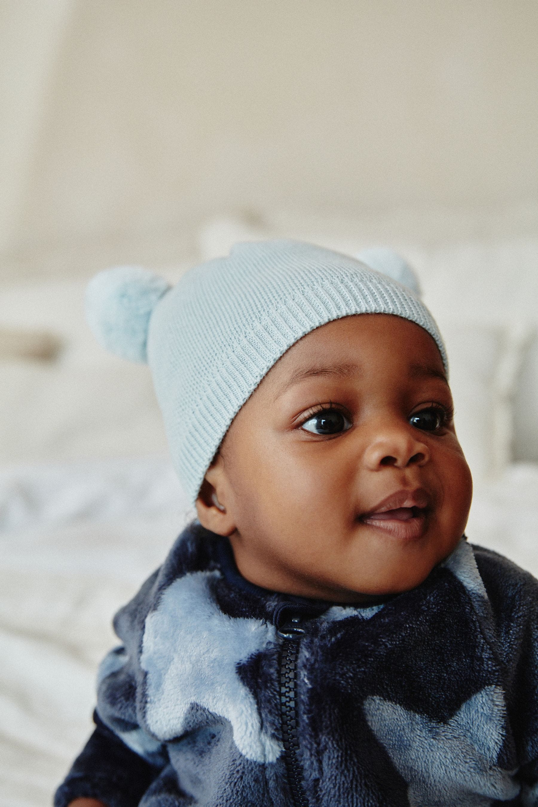 Pale Blue Double Pom Knitted Baby Hat (0mths-2yrs)