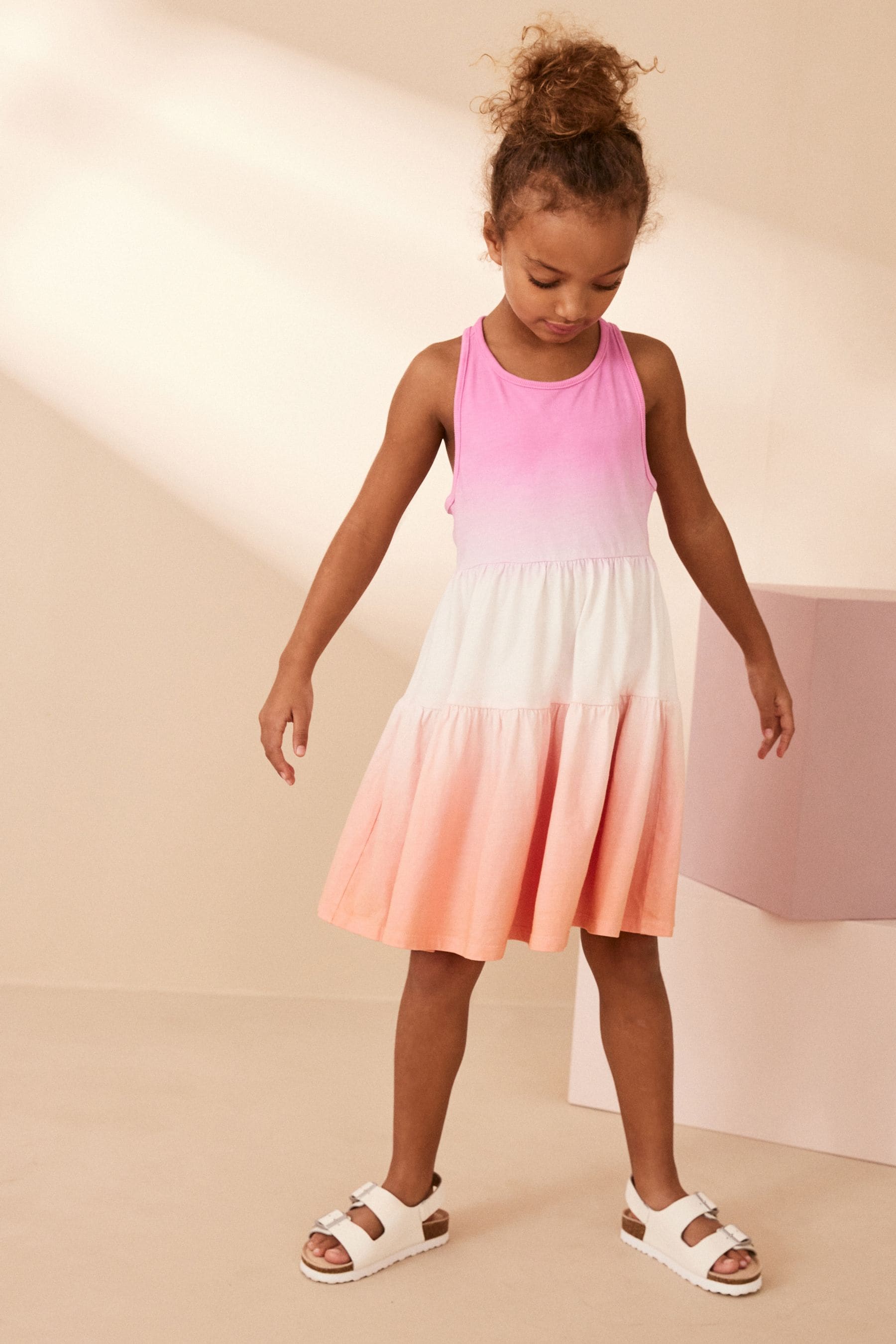 Pink/Apricot Orange Ombre Jersey Back Detail Tiered Dress (3-16yrs)