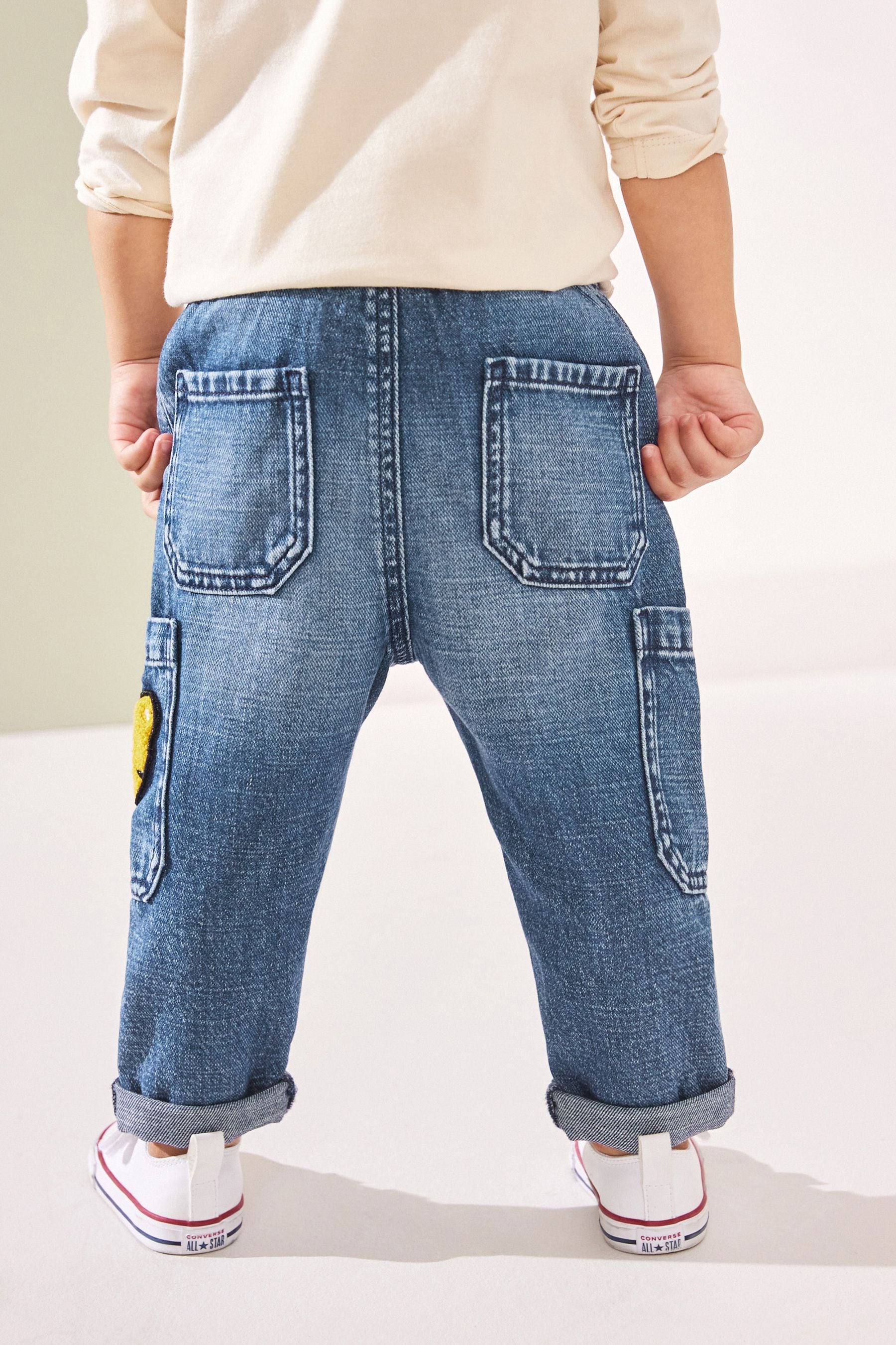 Mid Blue Denim with Tiger 100% Cotton Cargo Jeans (3mths-7yrs)