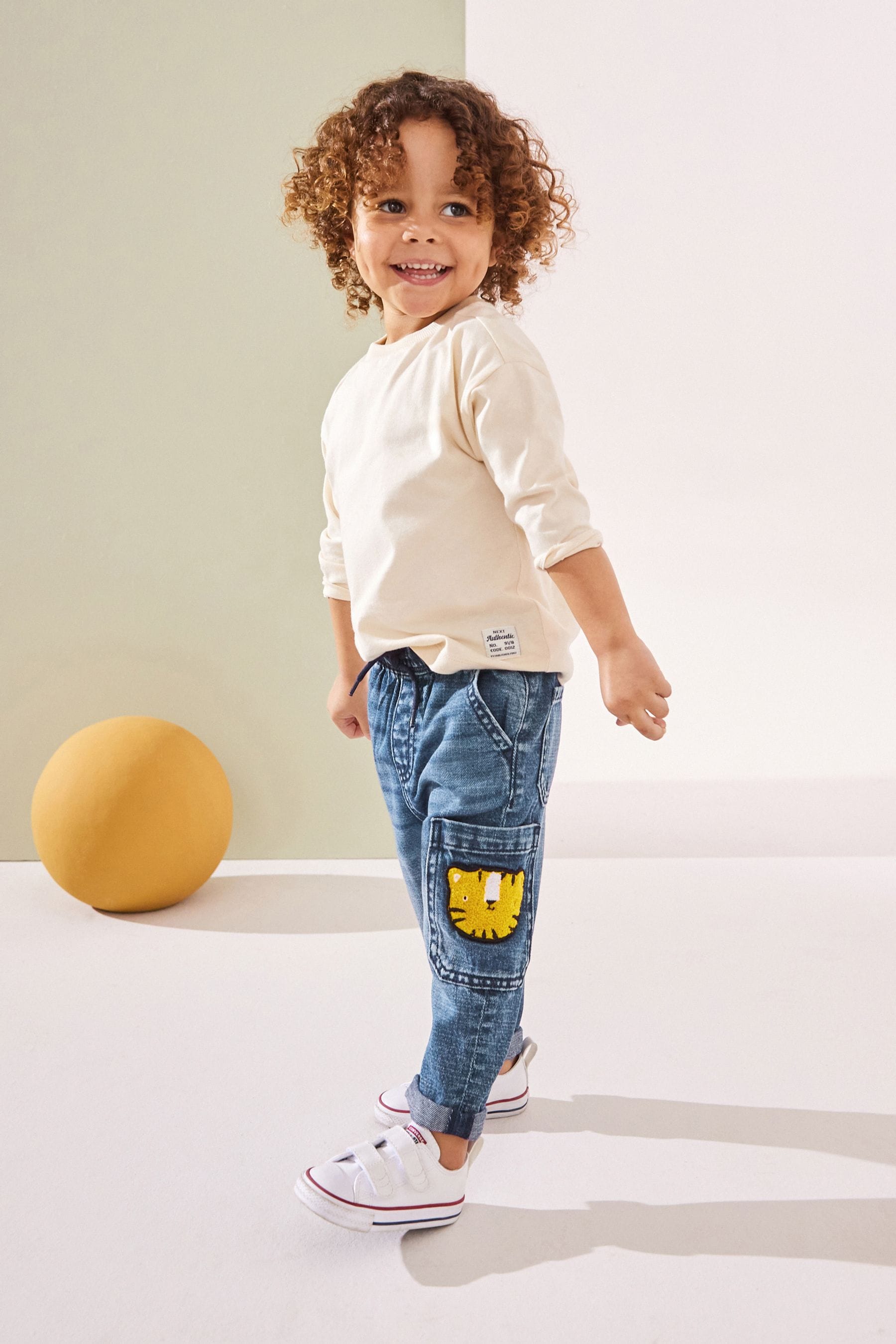 Mid Blue Denim with Tiger 100% Cotton Cargo Jeans (3mths-7yrs)