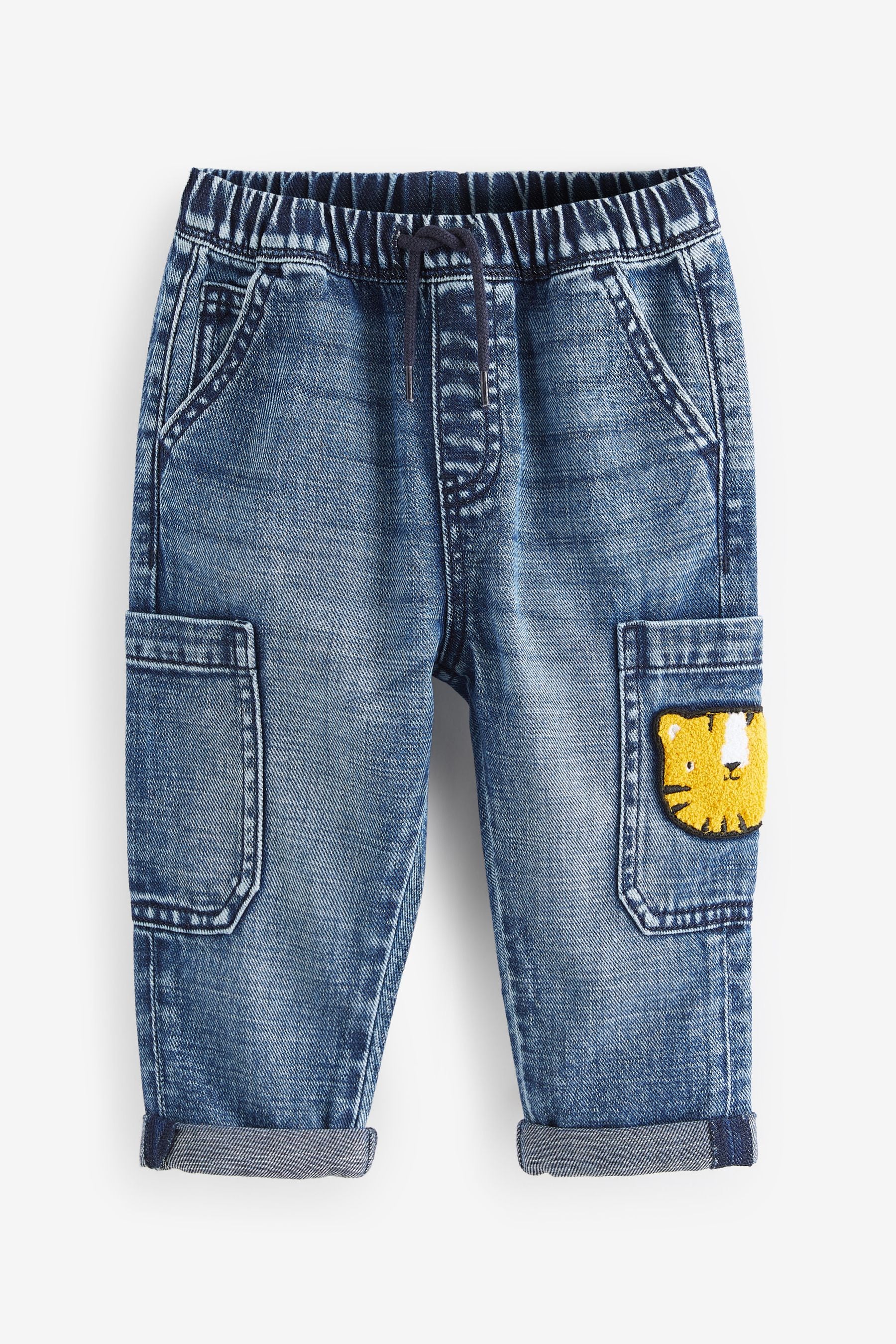 Mid Blue Denim with Tiger 100% Cotton Cargo Jeans (3mths-7yrs)