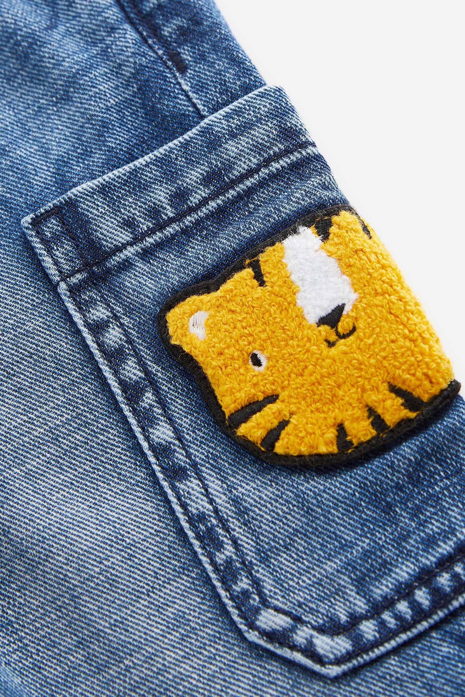 Mid Blue Denim with Tiger 100% Cotton Cargo Jeans (3mths-7yrs)