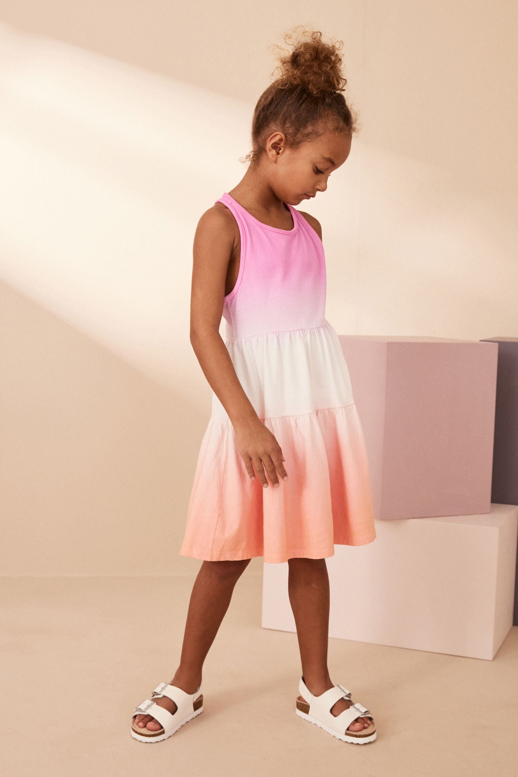 Pink/Apricot Orange Ombre 100% Cotton Jersey Back Detail Tiered Dress (3-16yrs)