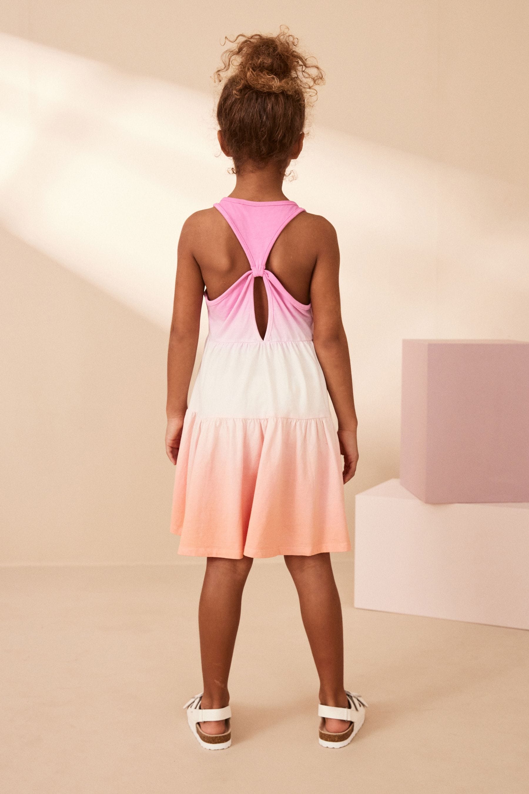 Pink/Apricot Orange Ombre Jersey Back Detail Tiered Dress (3-16yrs)