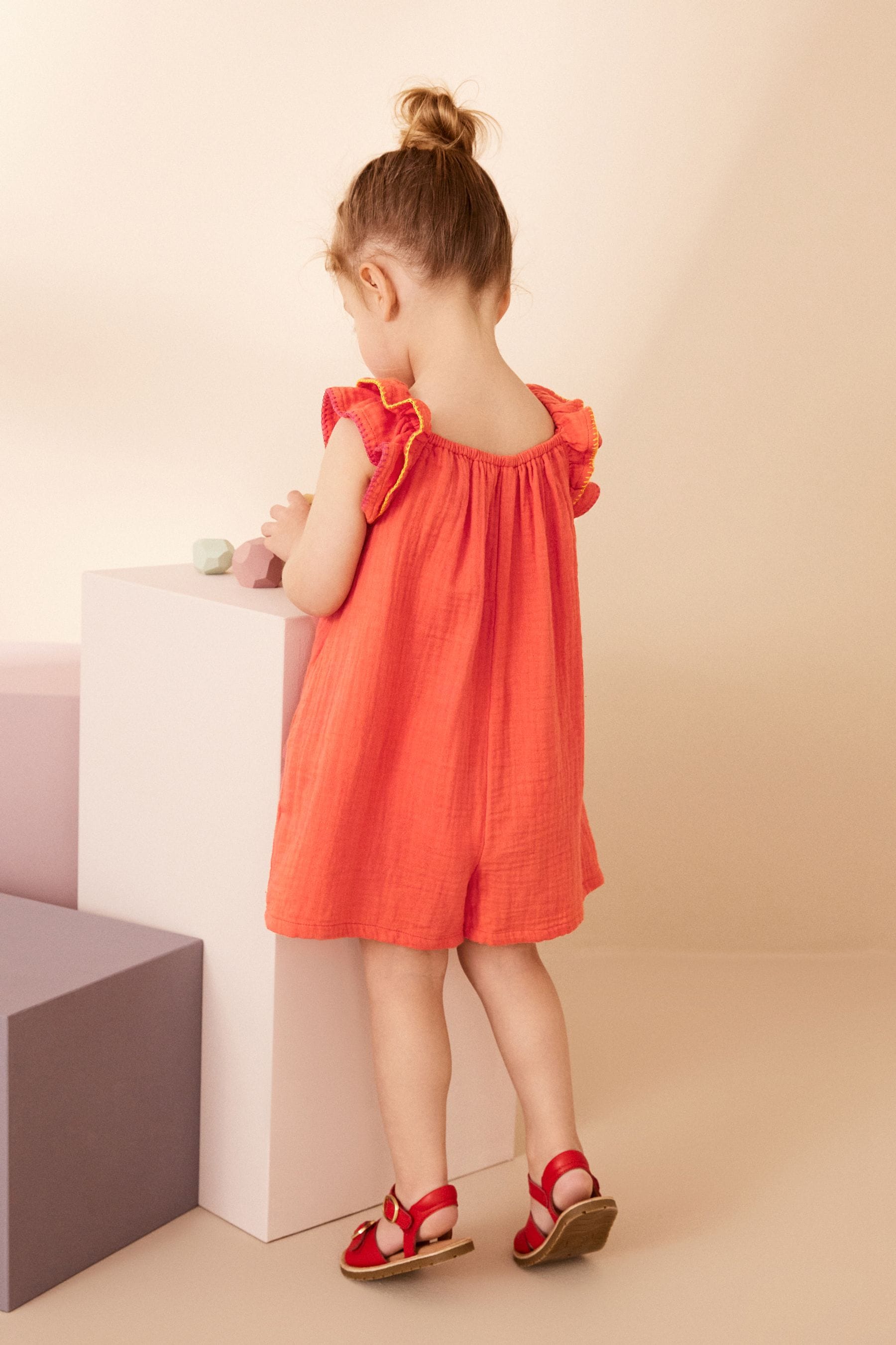 Coral Pink Embellished 100% Cotton Playsuit (3mths-7yrs)