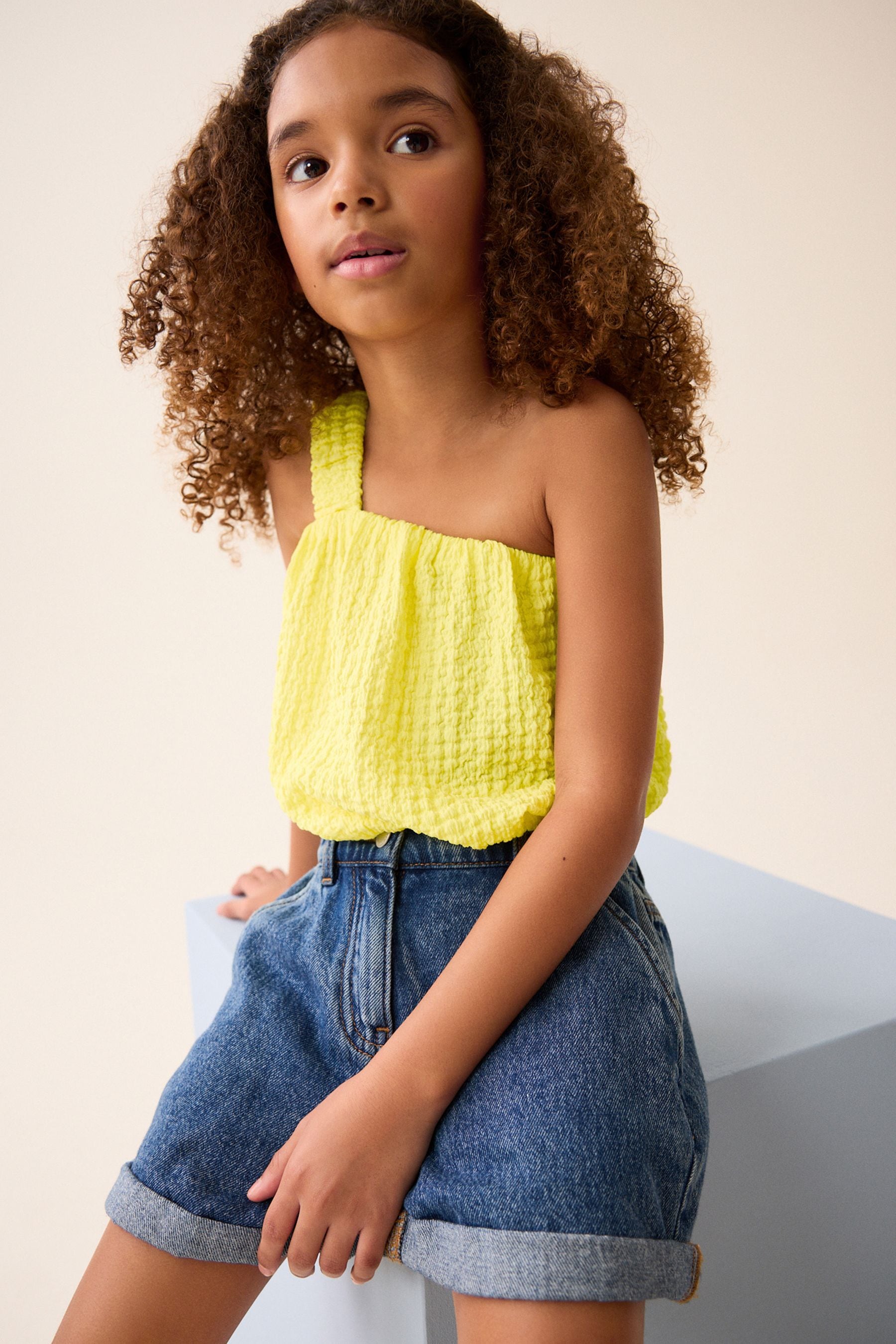 Yellow One Shoulder Texture Bubble Top (3-16yrs)