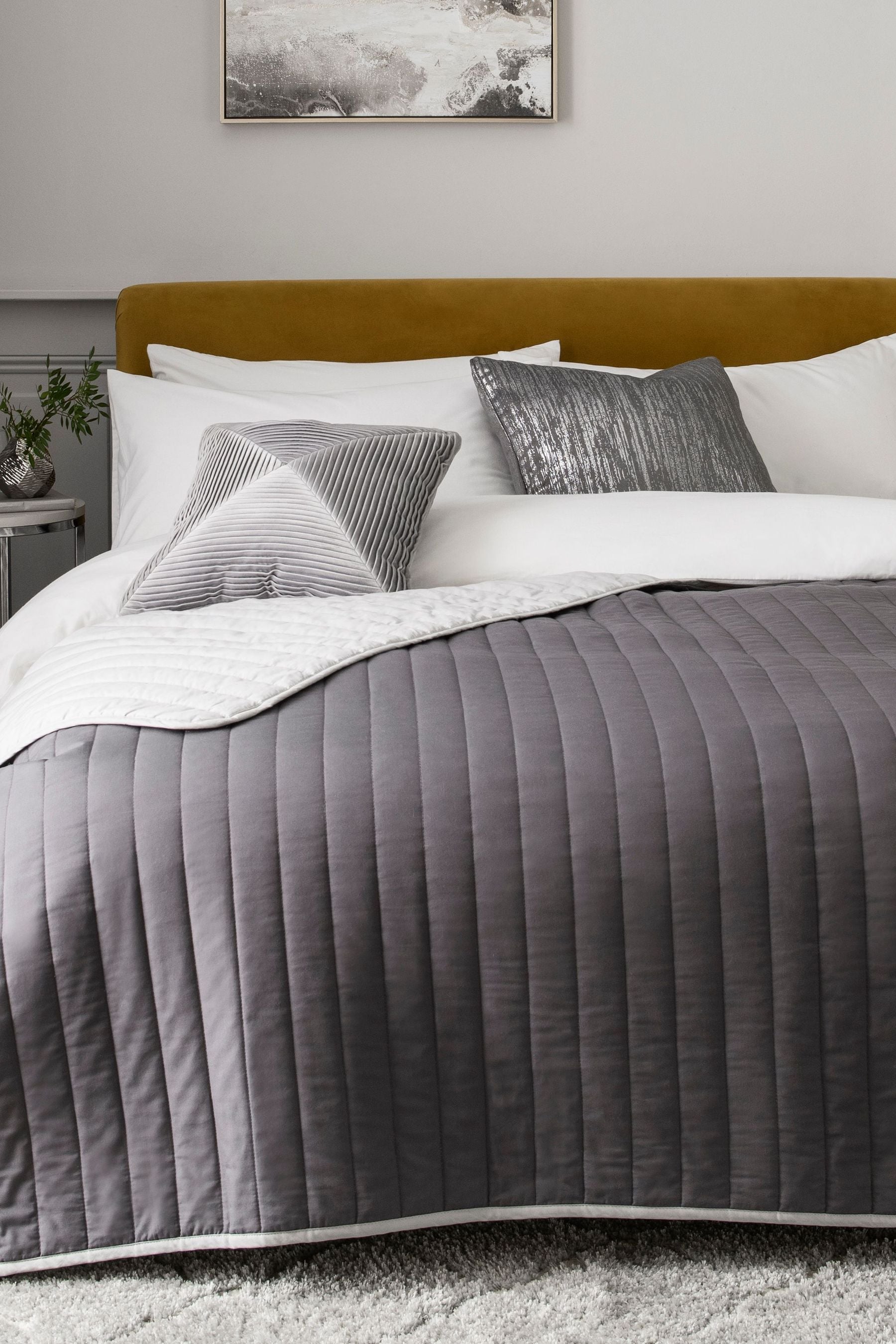 Grey Reversible Cotton Rich Bedspread