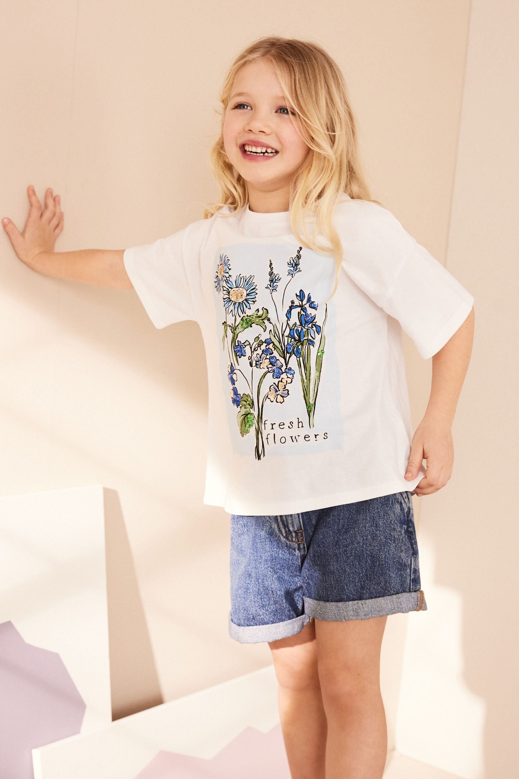 White/Blue Sequin Flowers T-Shirt (3-16yrs)