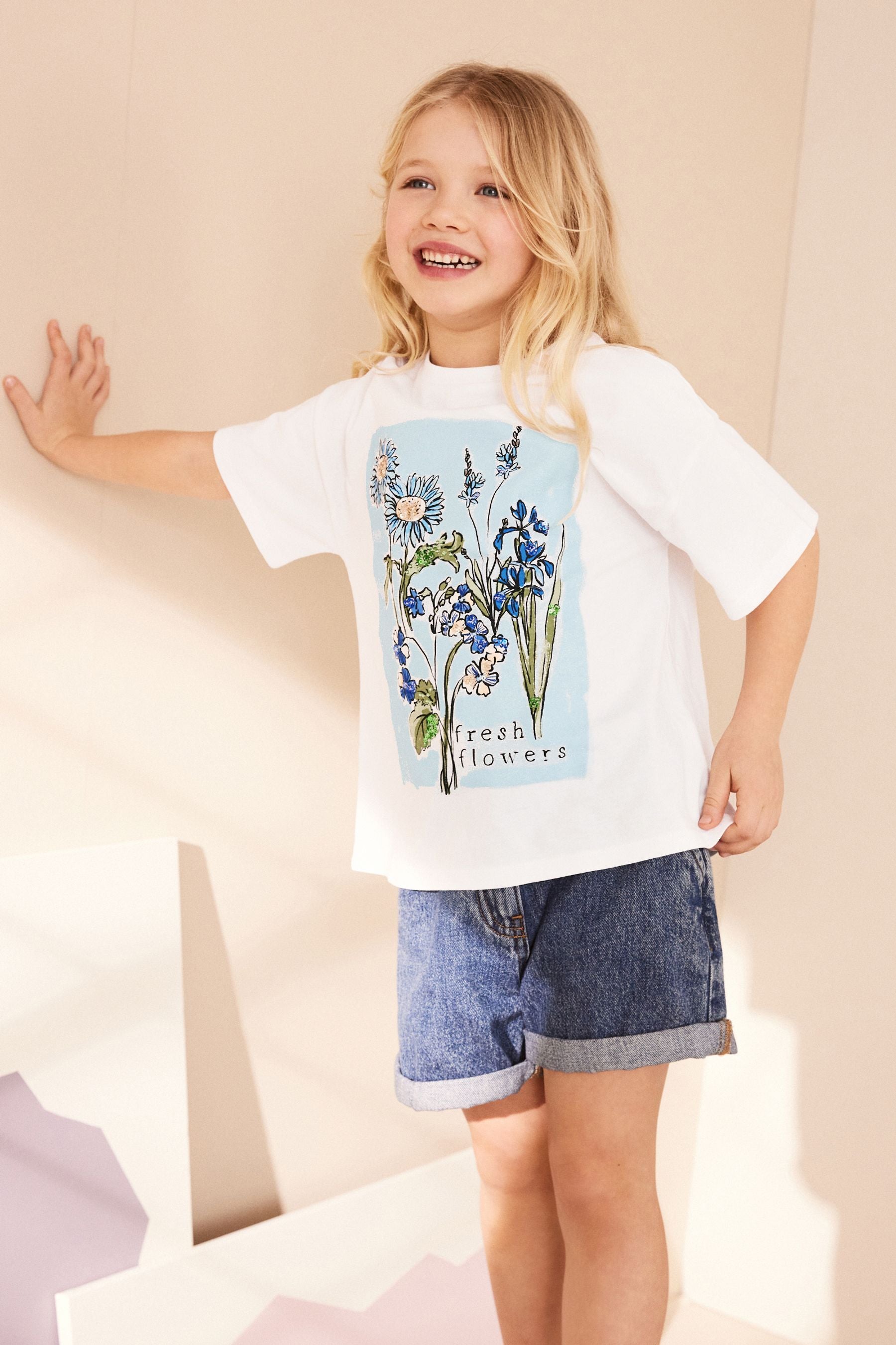 White/Blue Sequin Flowers T-Shirt (3-16yrs)