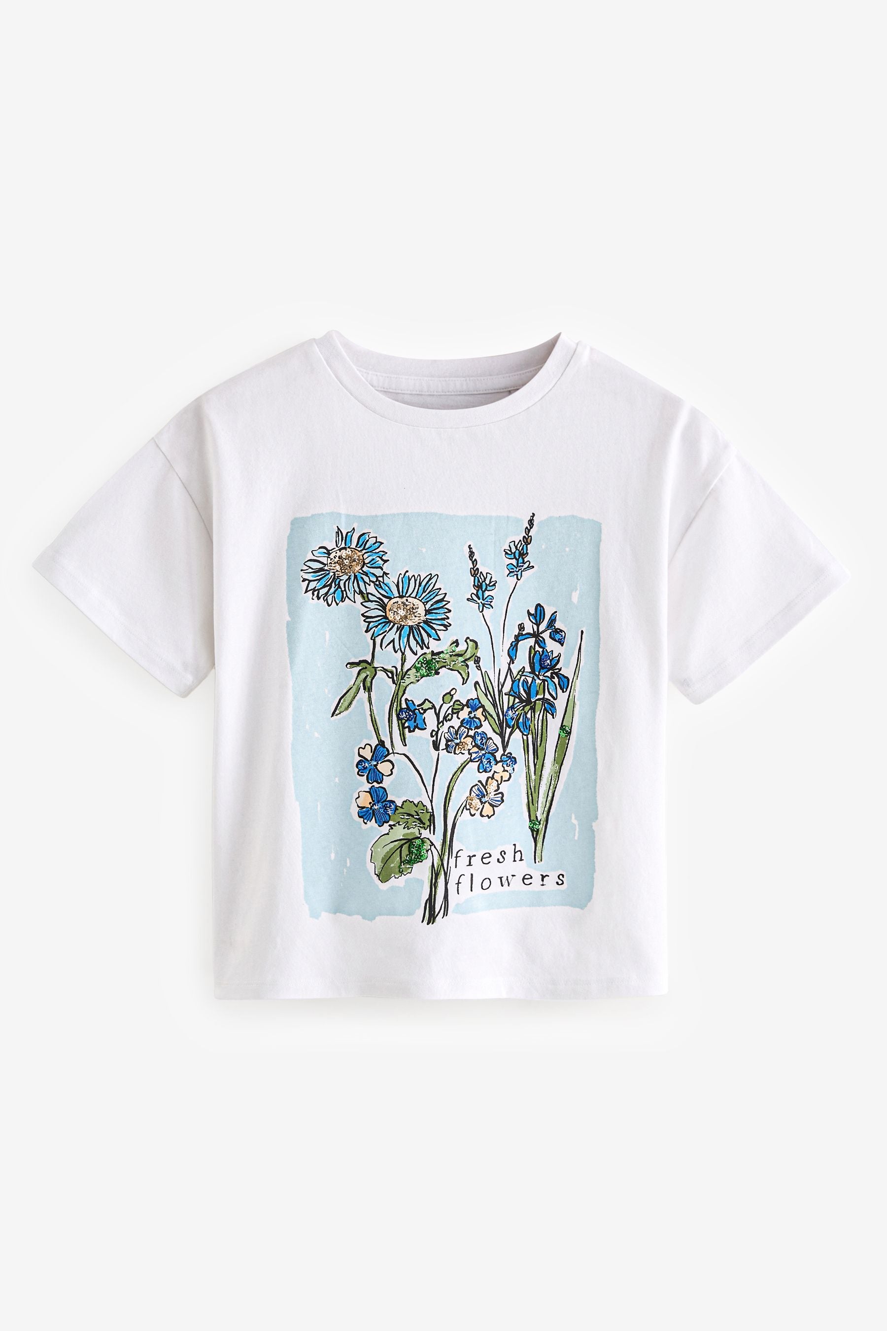 White/Blue Sequin Flowers T-Shirt (3-16yrs)