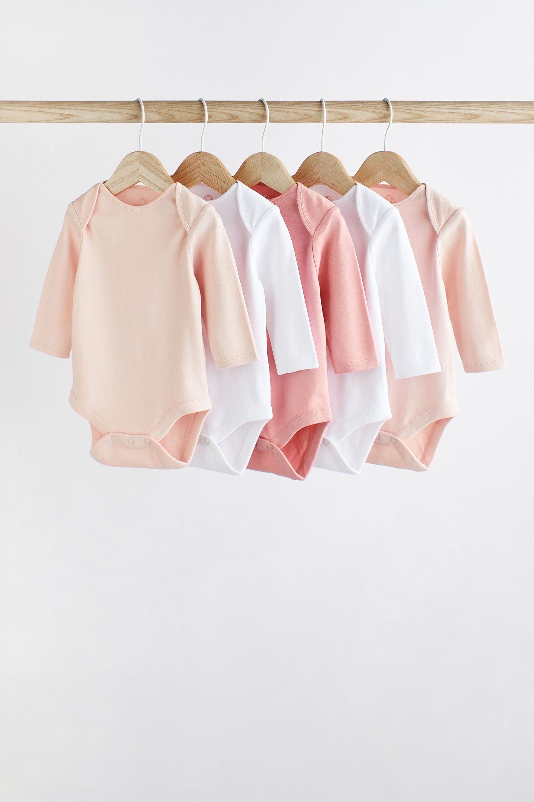 Pink/White 5 Pack Essential Long Sleeve 100% Cotton Baby Bodysuits