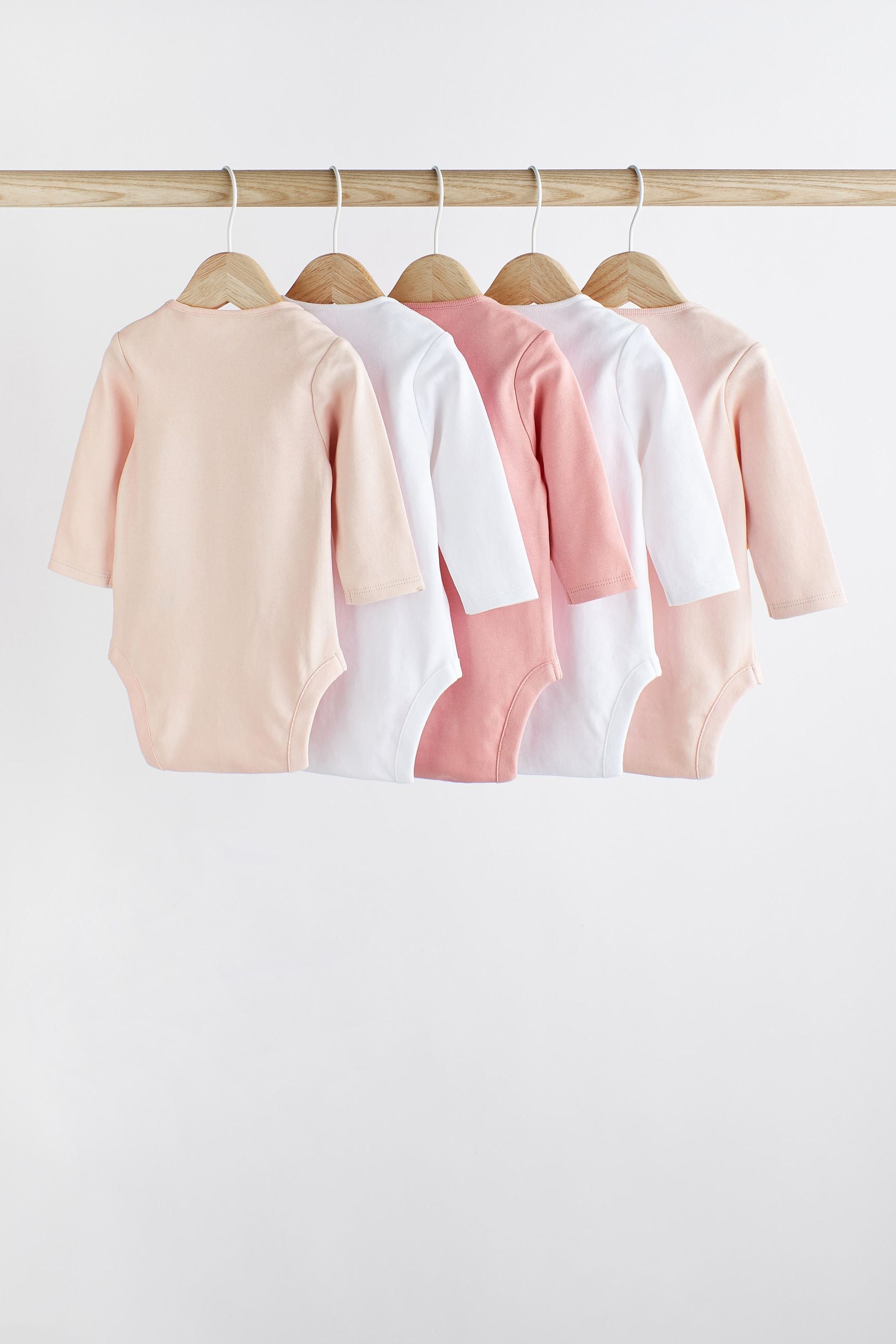 Pink/White 5 Pack Essential Long Sleeve 100% Cotton Baby Bodysuits